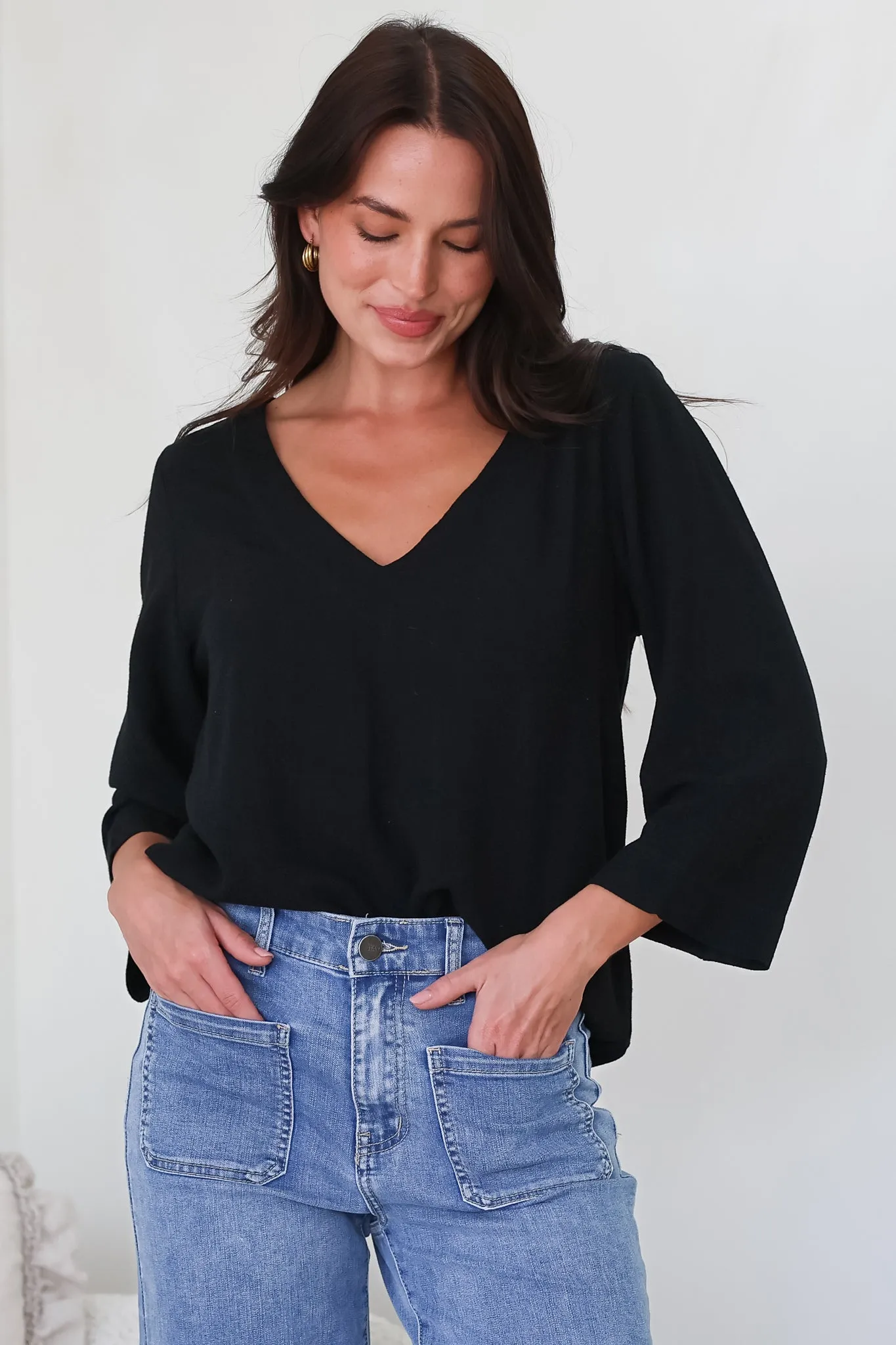 Breezer Top - Long Sleeve V Neck Pull Over Top with High Low Hemline in Black sold by Salty Crush product image thumbnail 3
