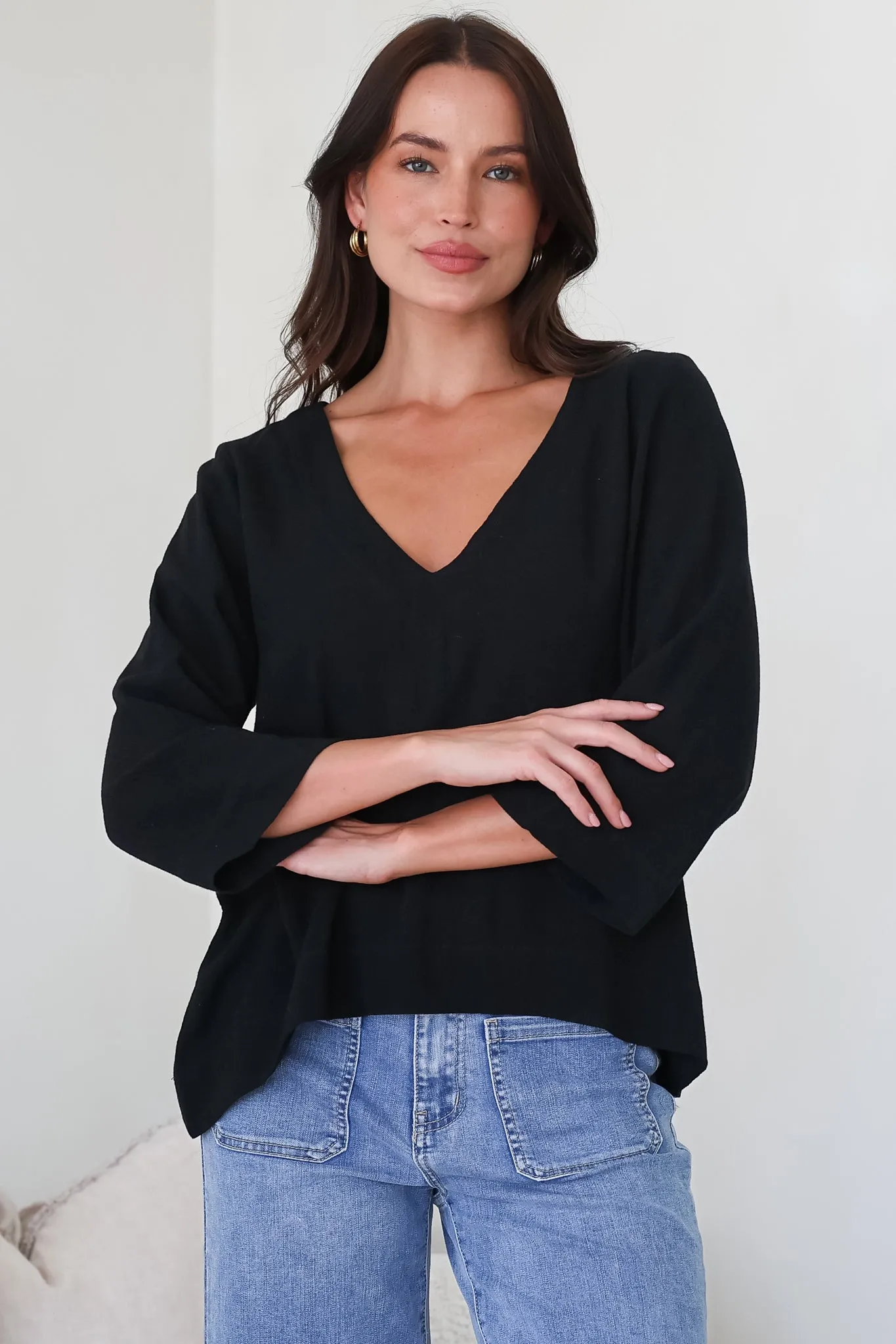 Breezer Top - Long Sleeve V Neck Pull Over Top with High Low Hemline in Black sold by Salty Crush product image thumbnail 5