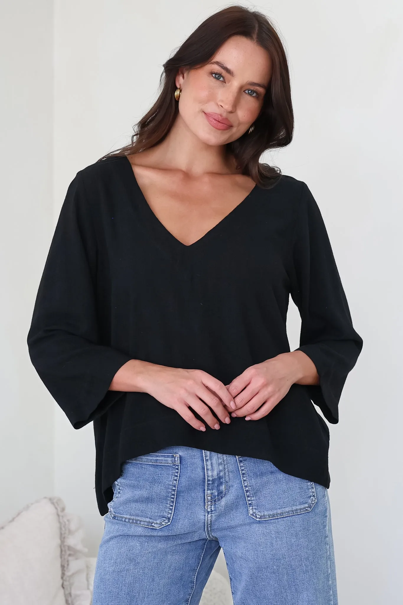 Breezer Top - Long Sleeve V Neck Pull Over Top with High Low Hemline in Black sold by Salty Crush product image thumbnail 2