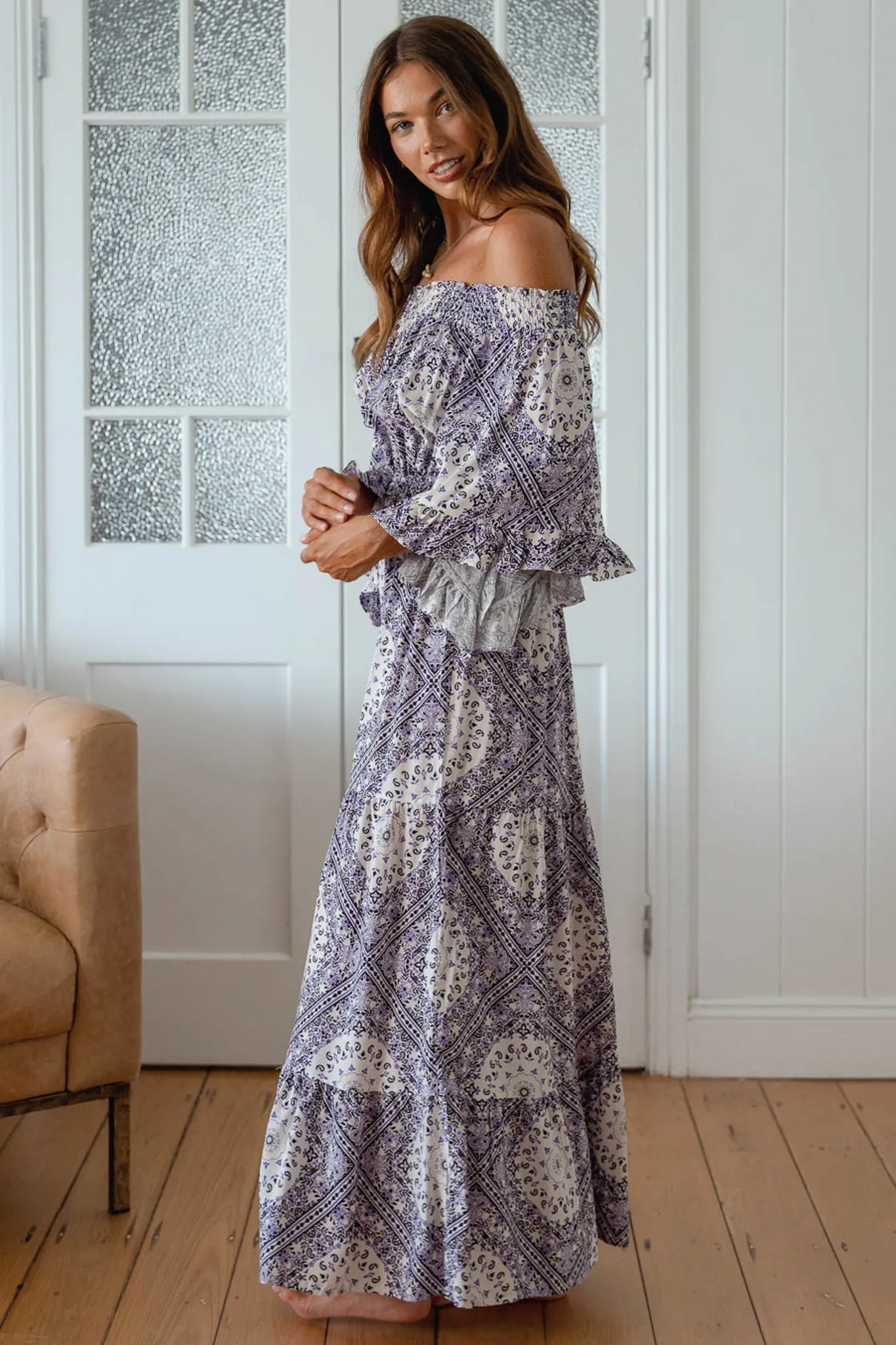 Teegan Maxi Dress - Off Shoulder Scarf Sleeve Maxi Dress in Lilac Lullaby Print sold by Salty Crush product image thumbnail 5