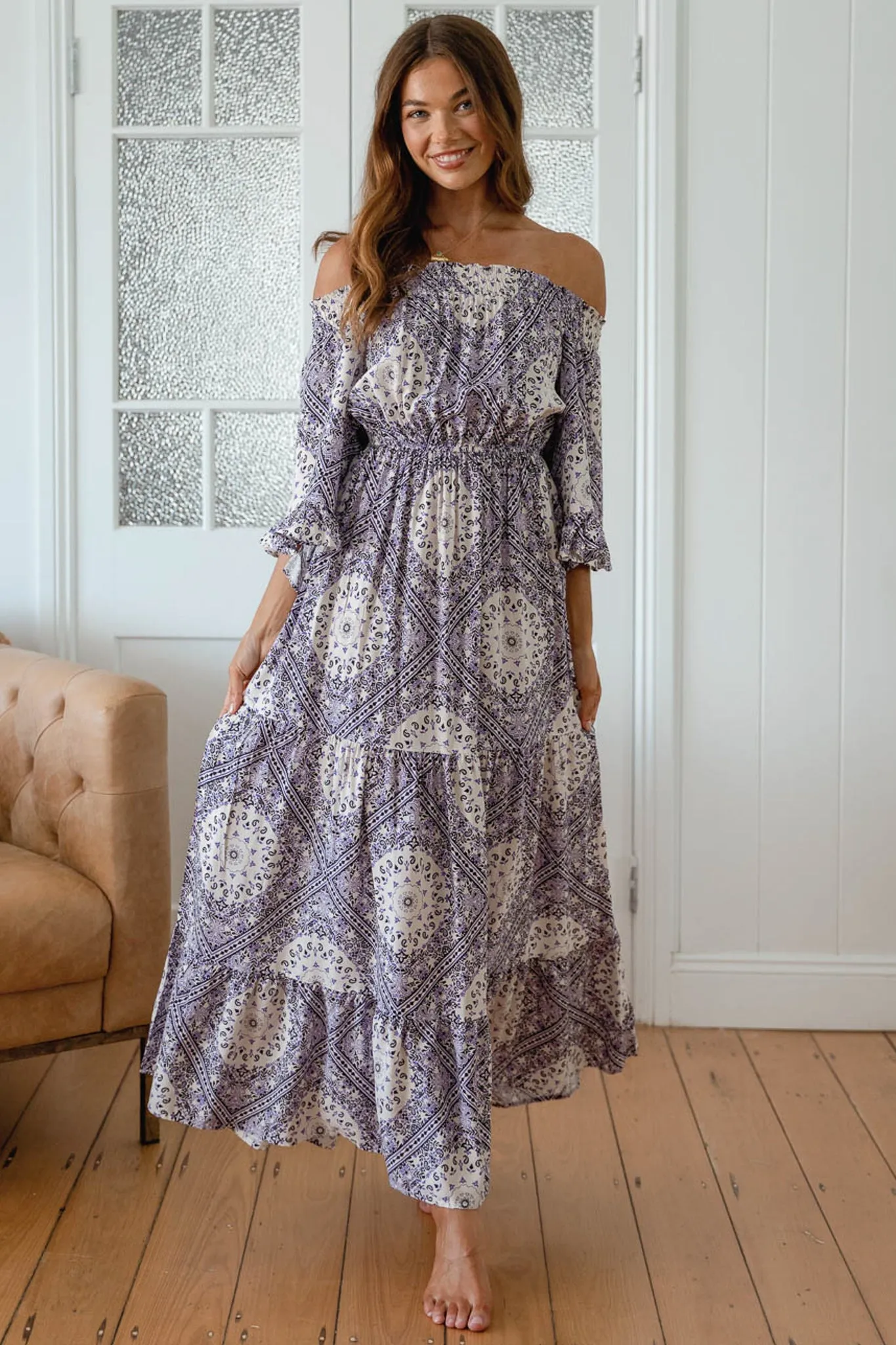 Teegan Maxi Dress - Off Shoulder Scarf Sleeve Maxi Dress in Lilac Lullaby Print sold by Salty Crush product image thumbnail 2