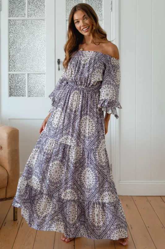 Teegan Maxi Dress - Off Shoulder Scarf Sleeve Maxi Dress in Lilac Lullaby Print made by Salty Crush