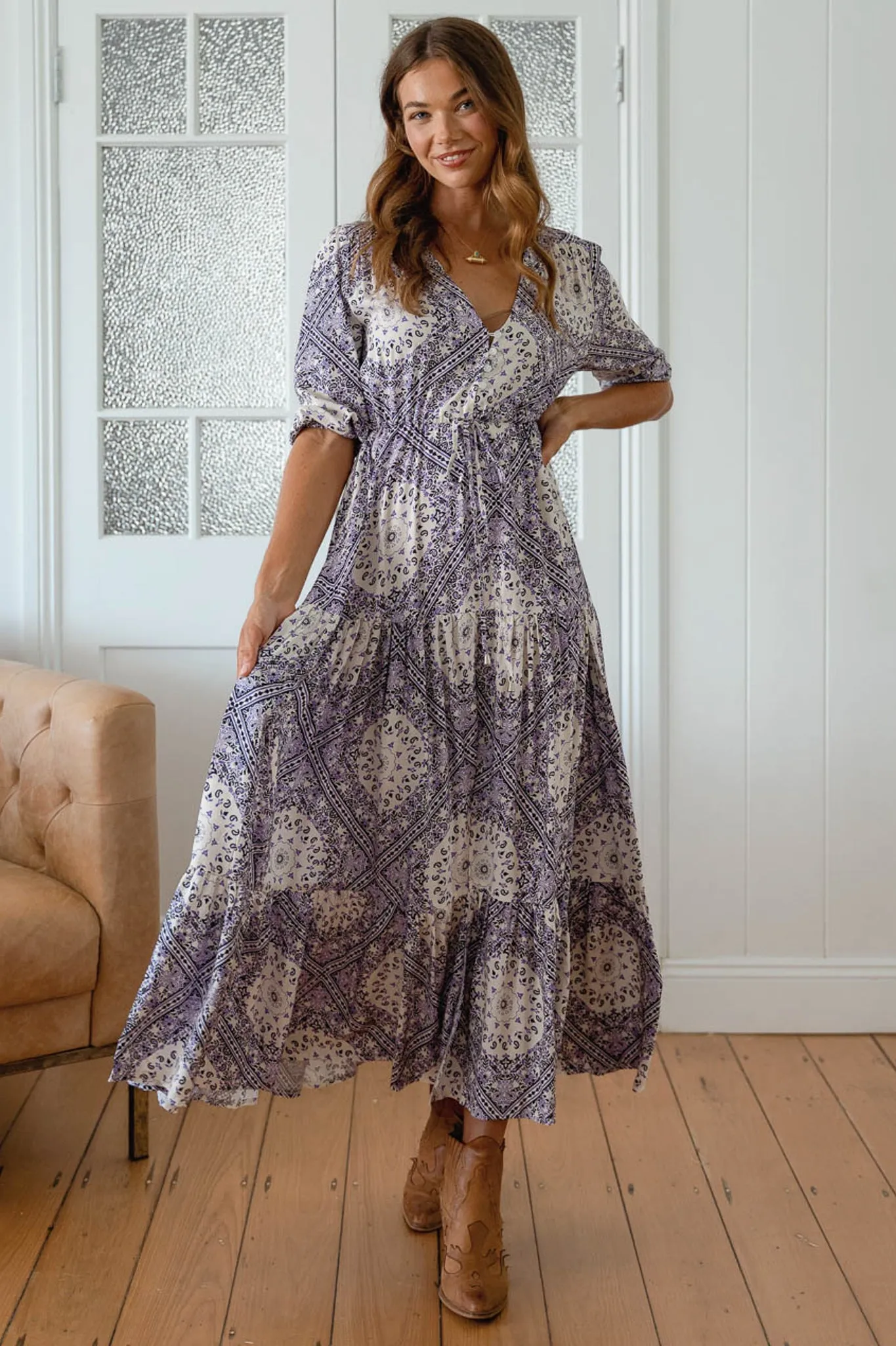 Tessa Maxi Dress - A Line Pull Tie Waist Dress in Lilac Lullaby Print sold by Salty Crush product image thumbnail 2