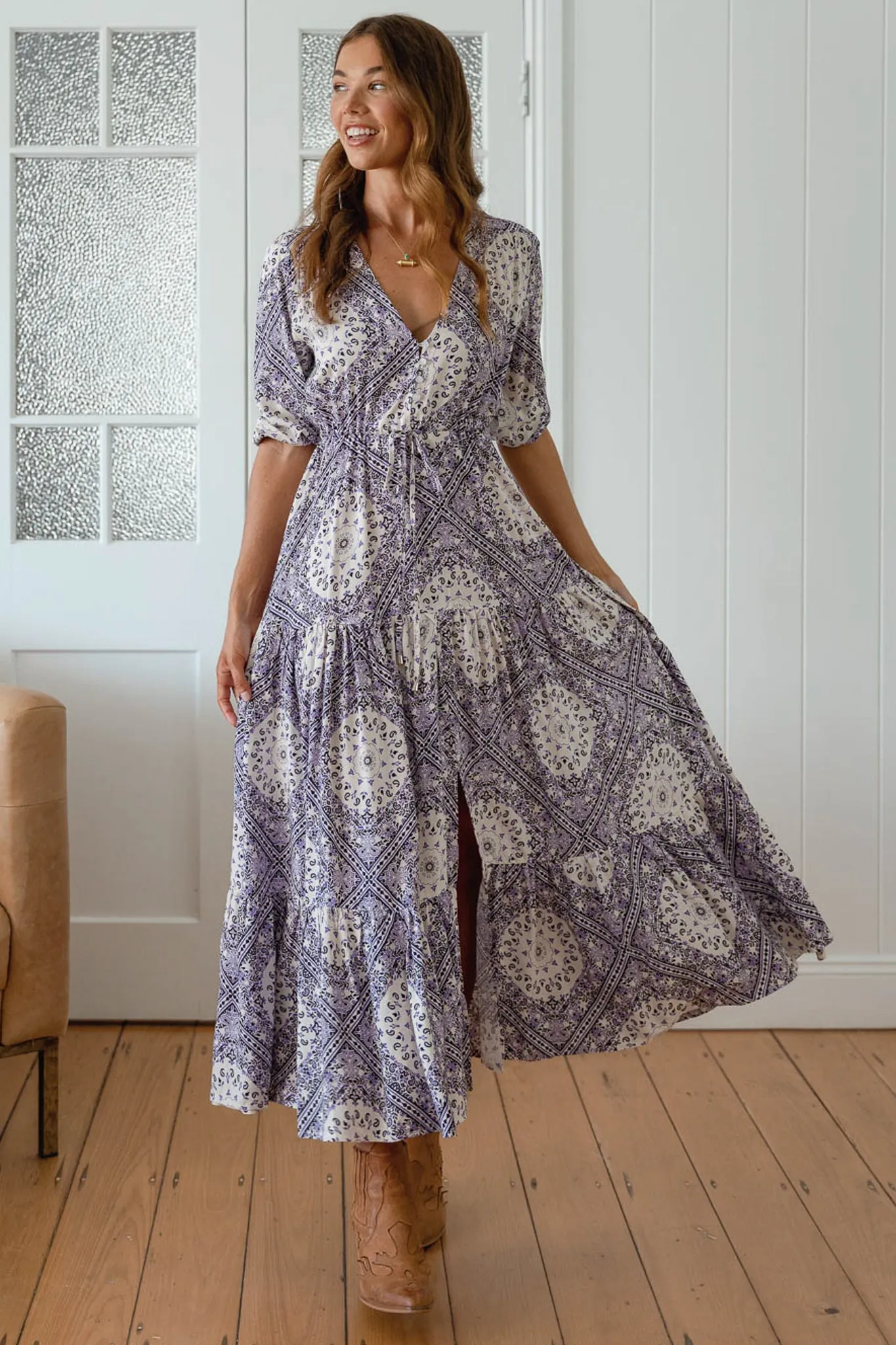 Tessa Maxi Dress - A Line Pull Tie Waist Dress in Lilac Lullaby Print sold by Salty Crush product image thumbnail 4