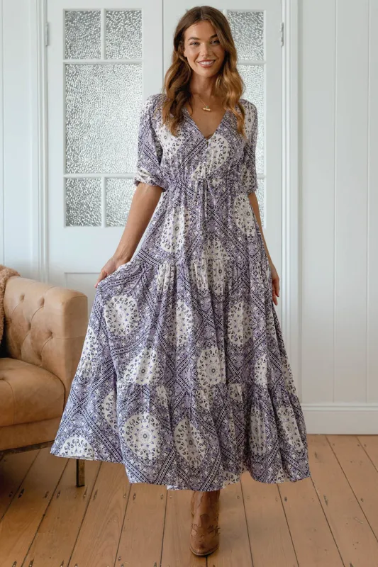 Tessa Maxi Dress - A Line Pull Tie Waist Dress in Lilac Lullaby Print made by Jaase