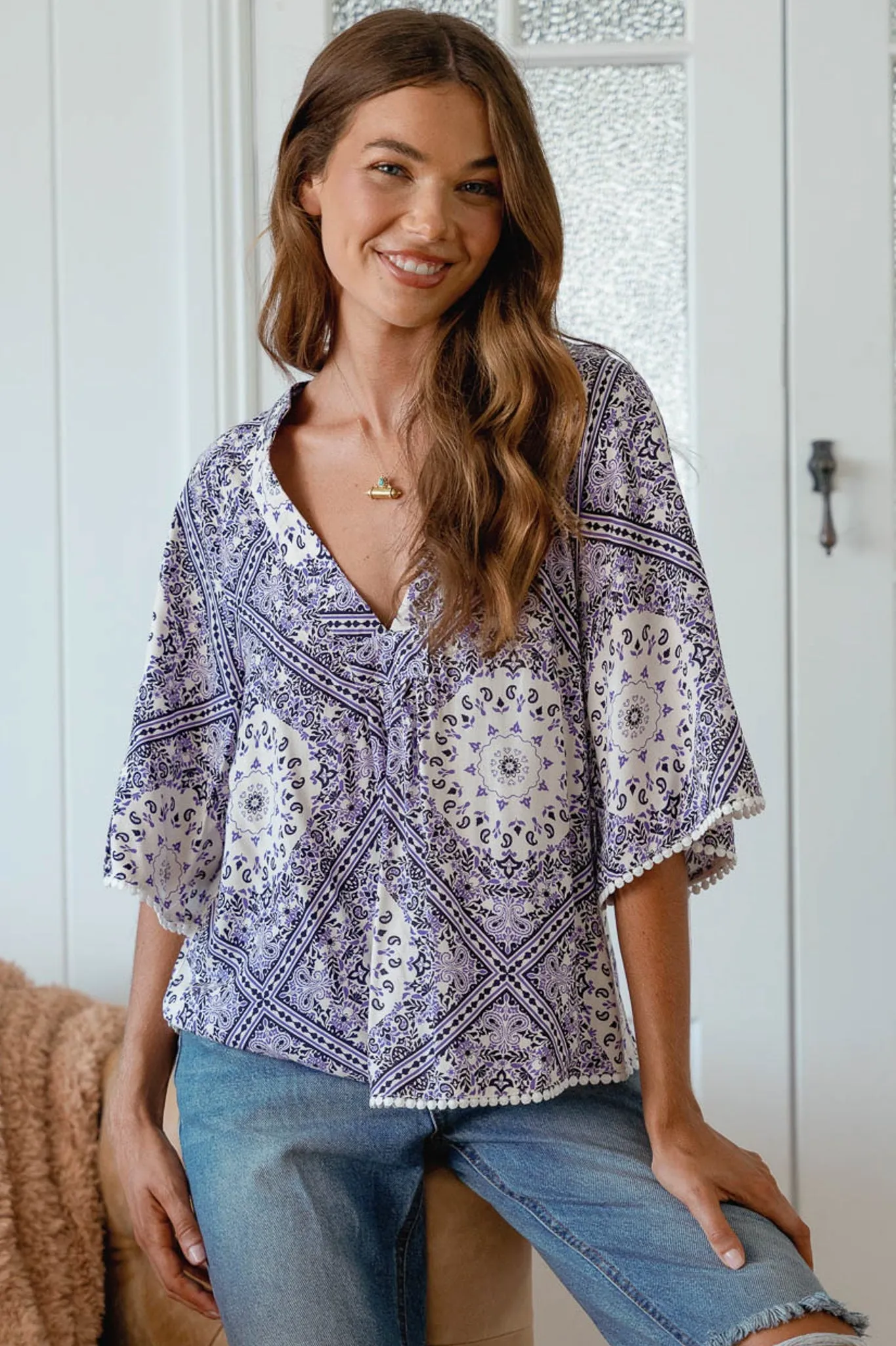 Gabriella Top - Mandarin Collar Deep V Neck Crochet Trim Top in Lilac Lullaby Print sold by Salty Crush