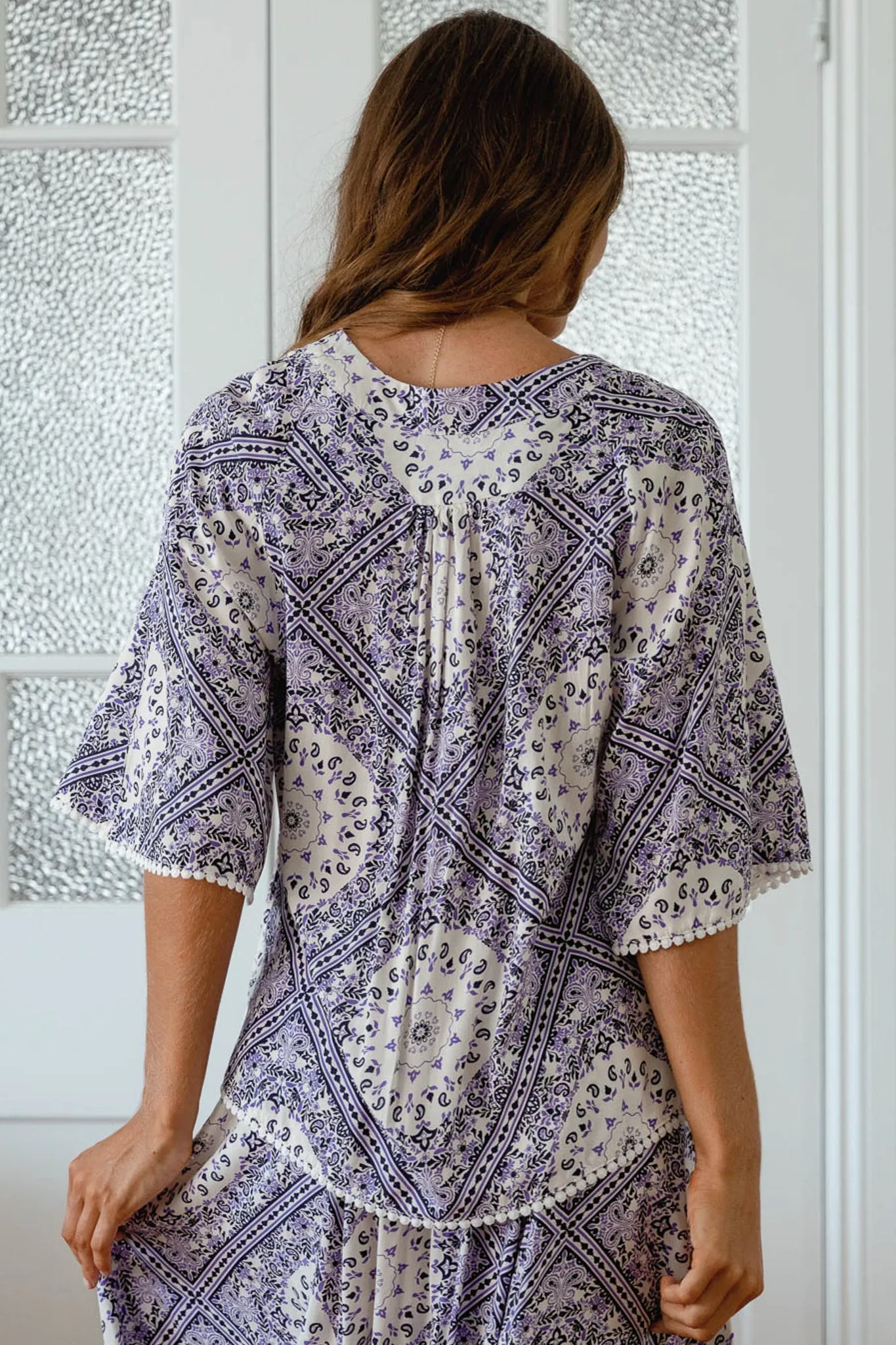 Gabriella Top - Mandarin Collar Deep V Neck Crochet Trim Top in Lilac Lullaby Print sold by Salty Crush product image thumbnail 4