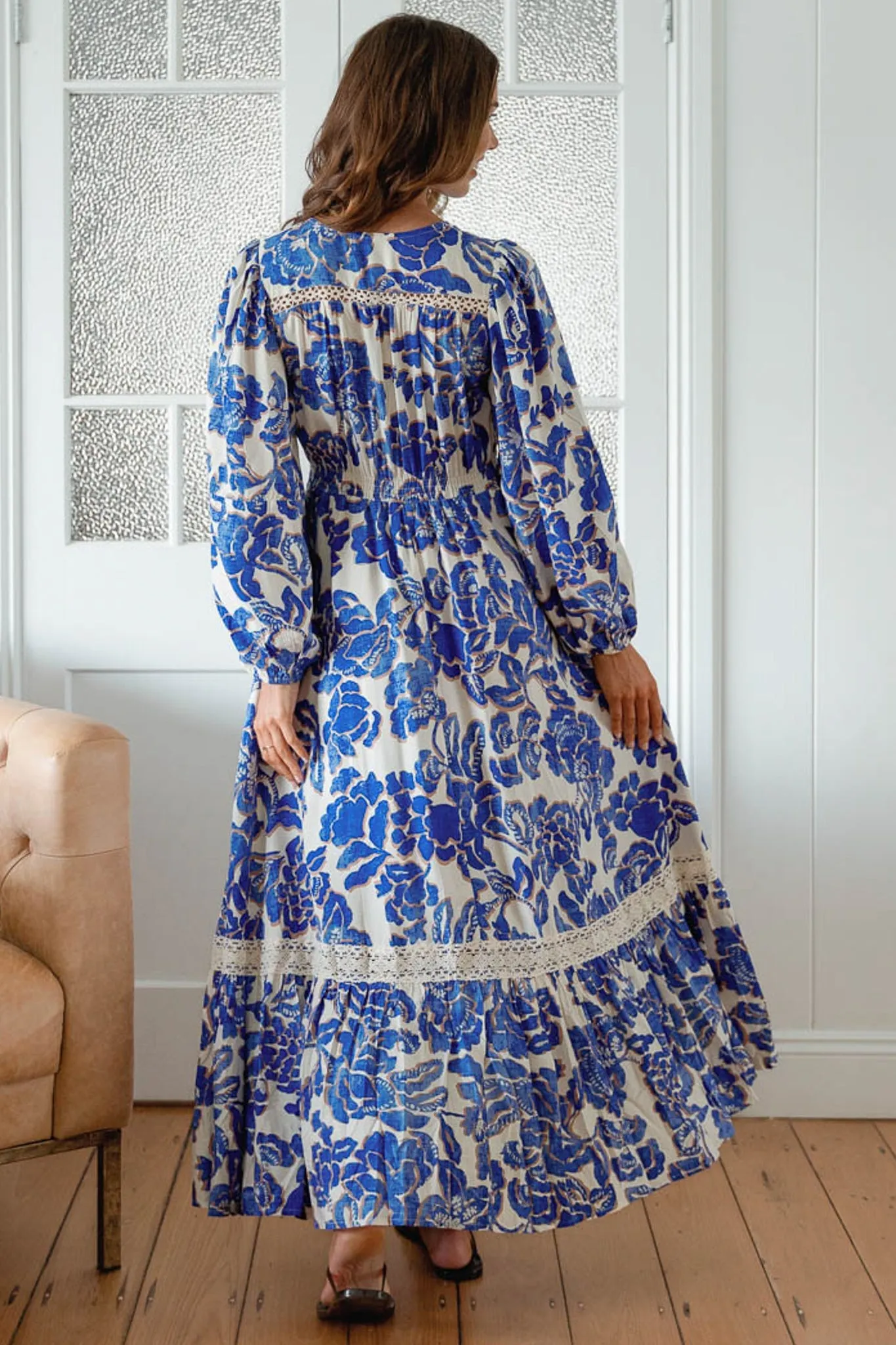 Carmen Long Sleeve Maxi Dress - Button Down A Line Dress with Lace Trim in Indigo Bloom Print sold by Salty Crush product image thumbnail 5