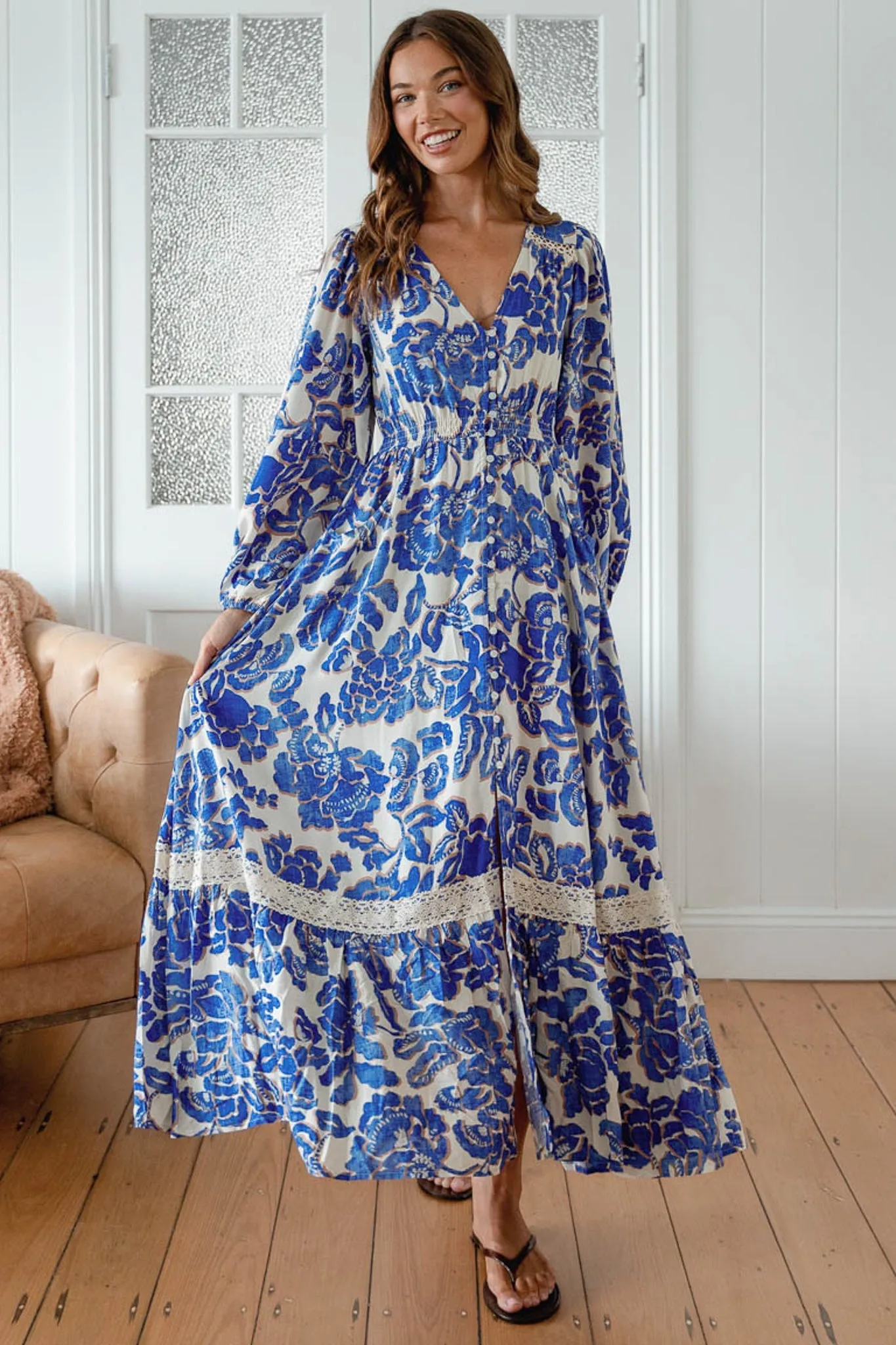 Carmen Long Sleeve Maxi Dress - Button Down A Line Dress with Lace Trim in Indigo Bloom Print sold by Salty Crush