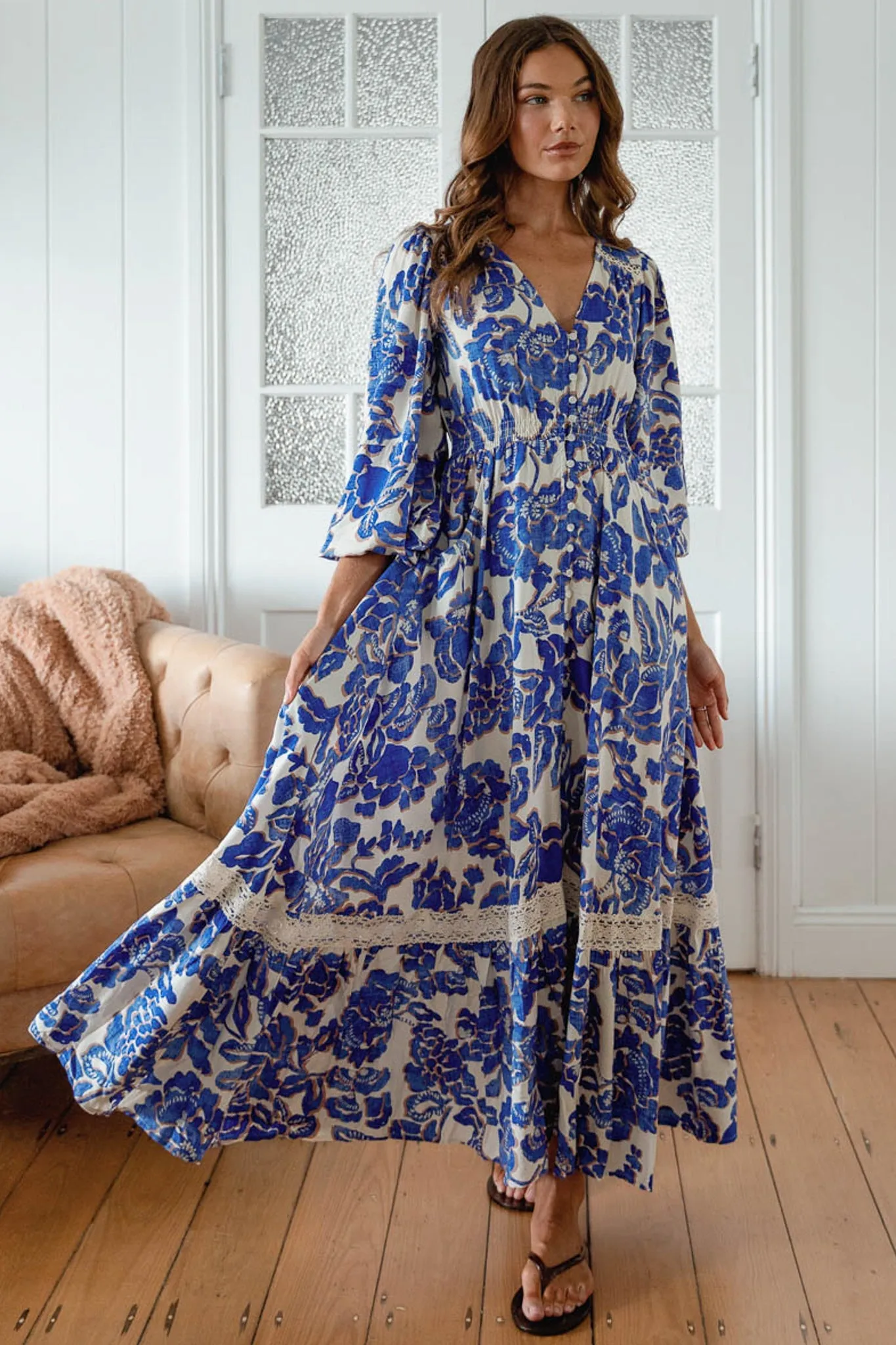 Carmen Long Sleeve Maxi Dress - Button Down A Line Dress with Lace Trim in Indigo Bloom Print sold by Salty Crush product image thumbnail 3