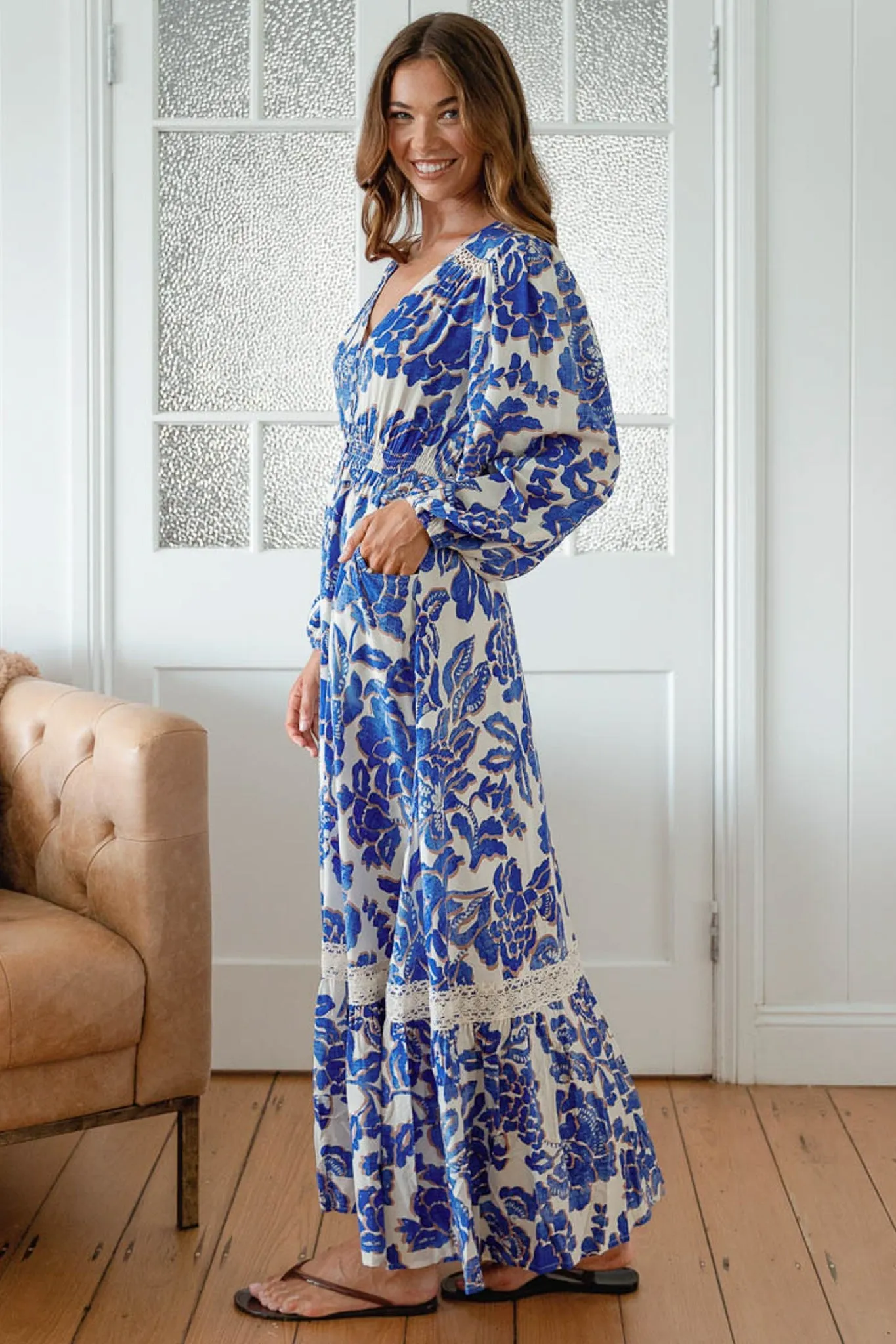 Carmen Long Sleeve Maxi Dress - Button Down A Line Dress with Lace Trim in Indigo Bloom Print sold by Salty Crush product image thumbnail 4