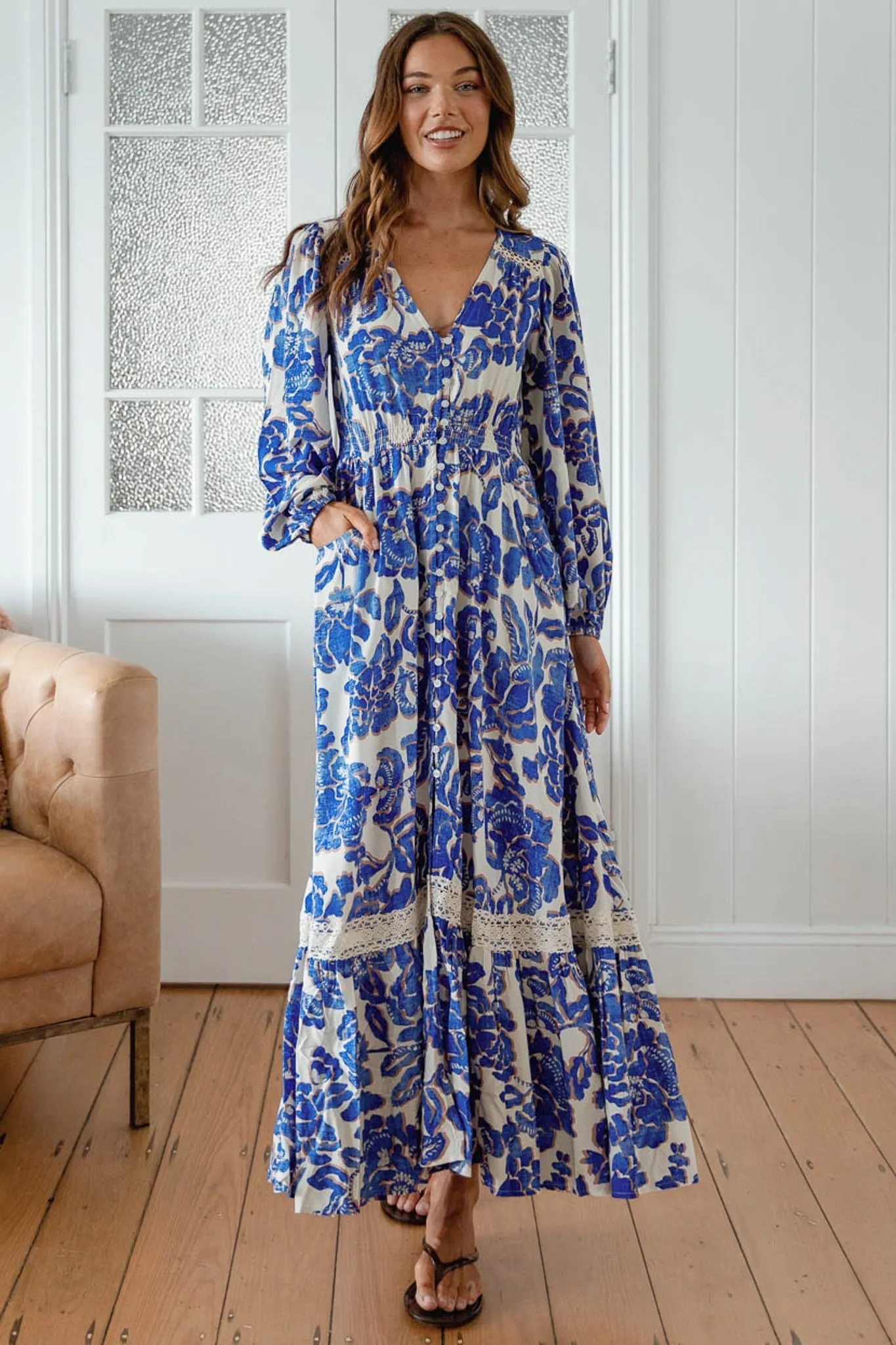 Carmen Long Sleeve Maxi Dress - Button Down A Line Dress with Lace Trim in Indigo Bloom Print sold by Salty Crush product image thumbnail 2