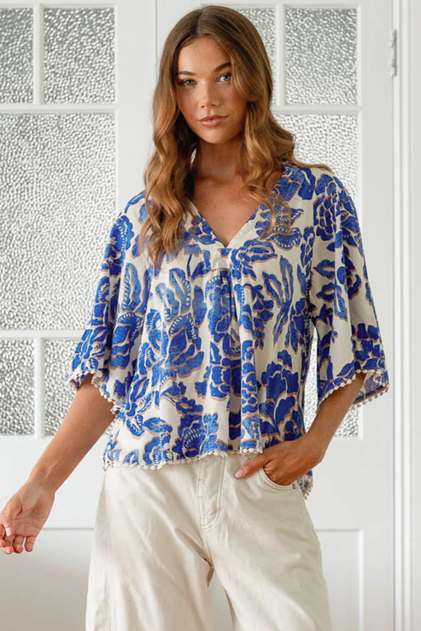 Gabriella Top - Mandarin Collar Deep V Neck Crochet Trim Top in Indigo Bloom Print sold by Salty Crush product image thumbnail 2