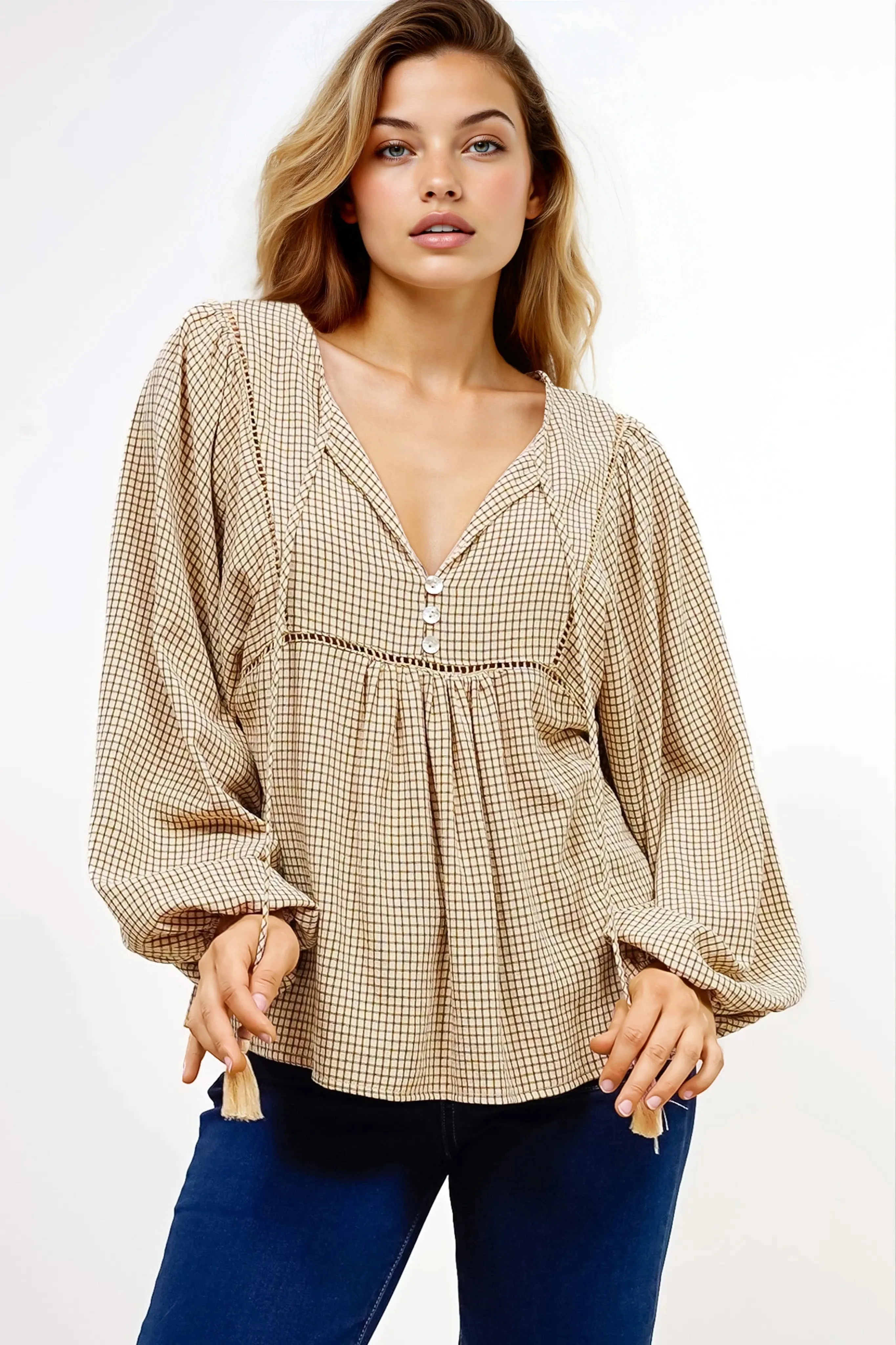 Graya Top - Gingham Ladder Lace Detailed Pull Over with Balloon Sleeves in Echo Print Beige sold by Salty Crush product image thumbnail 3