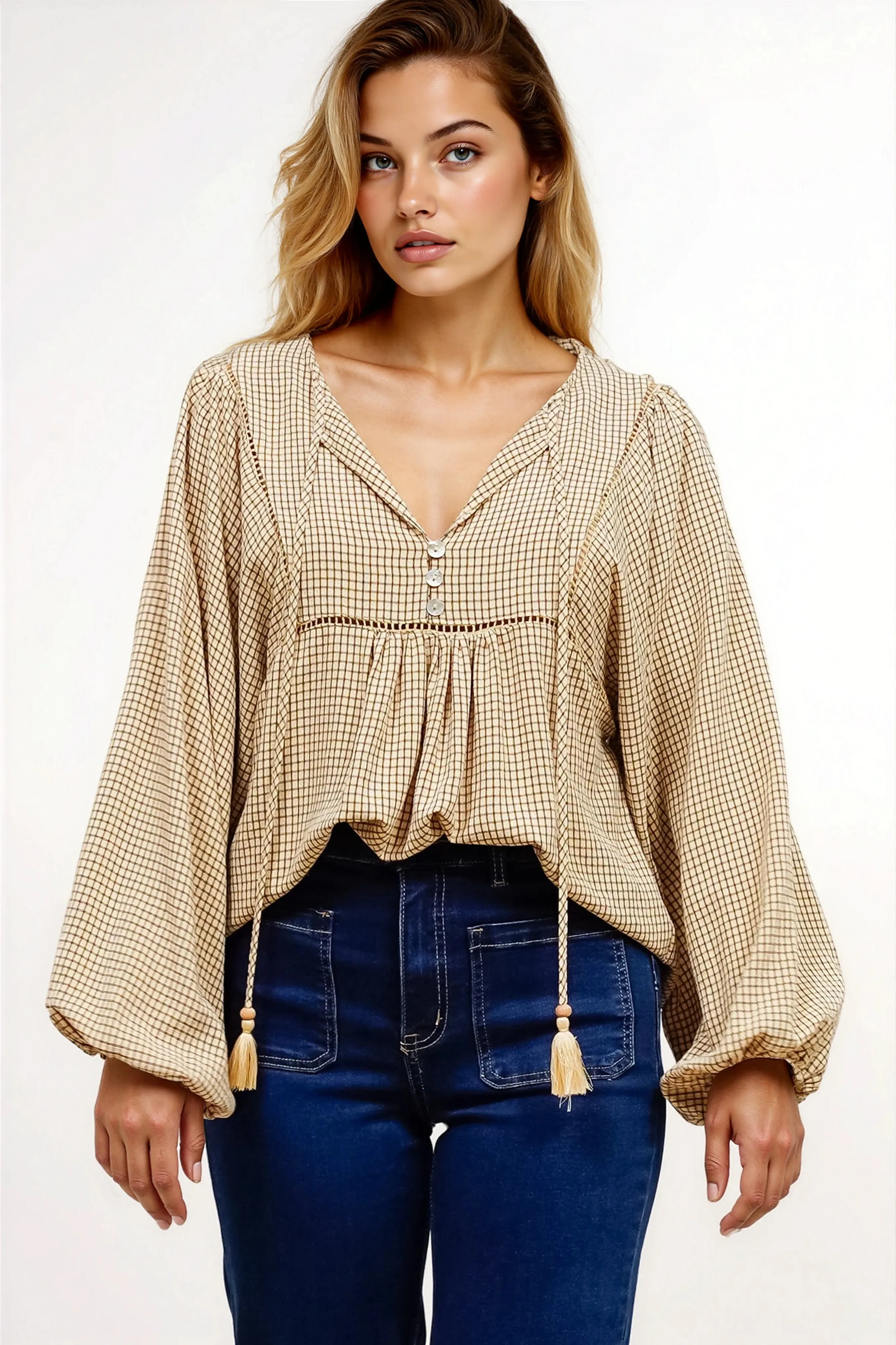 Graya Top - Gingham Ladder Lace Detailed Pull Over with Balloon Sleeves in Echo Print Beige sold by Salty Crush product image thumbnail 4