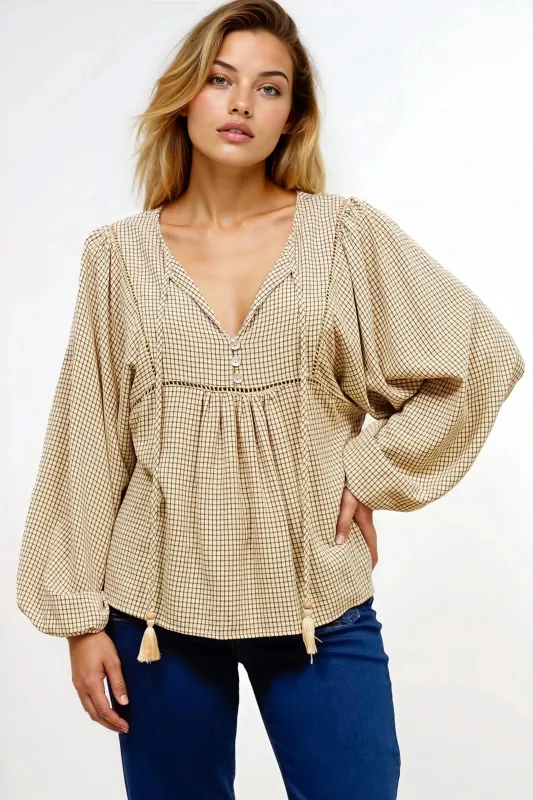 Graya Top - Gingham Ladder Lace Detailed Pull Over with Balloon Sleeves in Echo Print Beige sold by Salty Crush