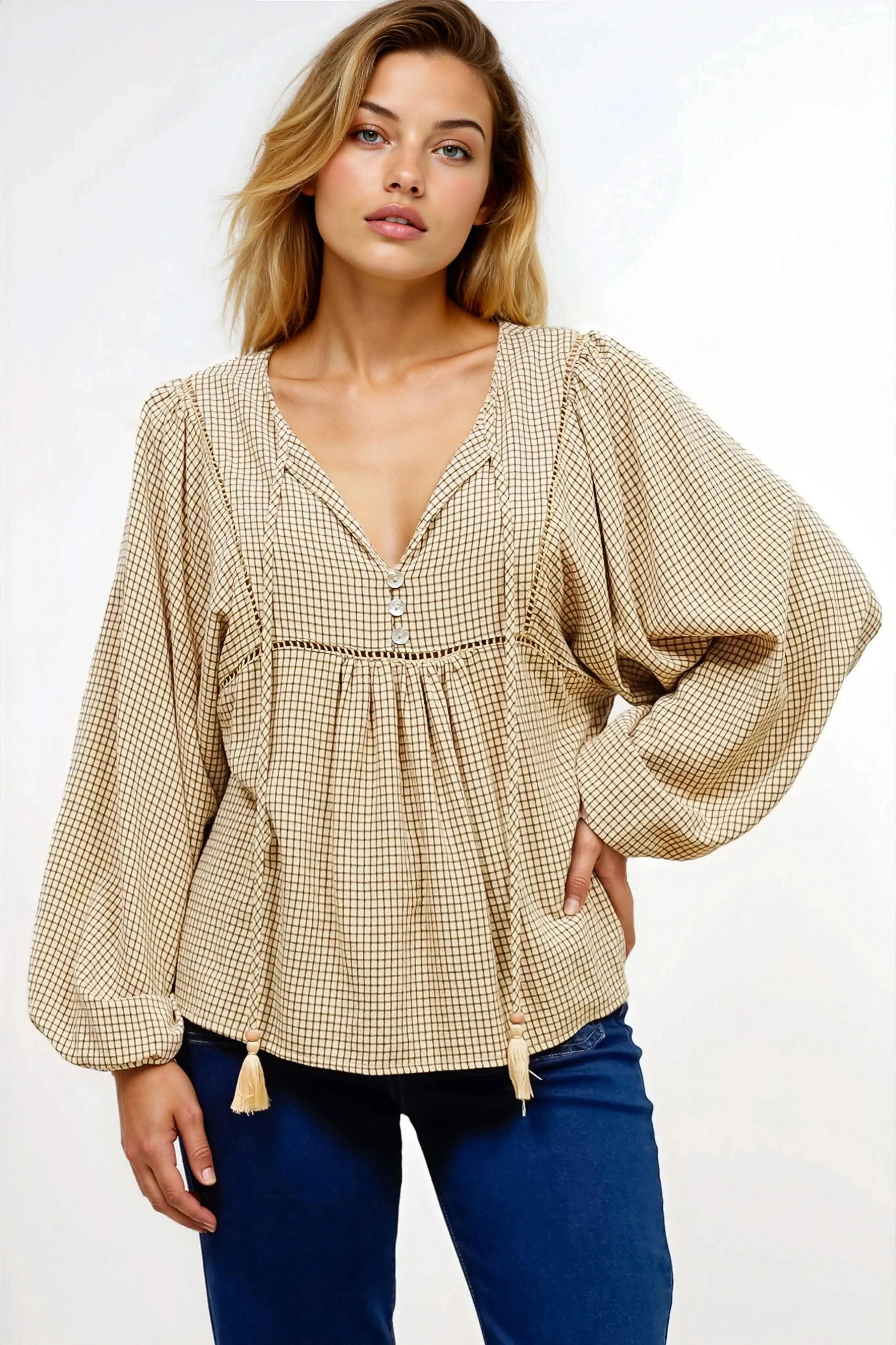 Graya Top - Gingham Ladder Lace Detailed Pull Over with Balloon Sleeves in Echo Print Beige sold by Salty Crush