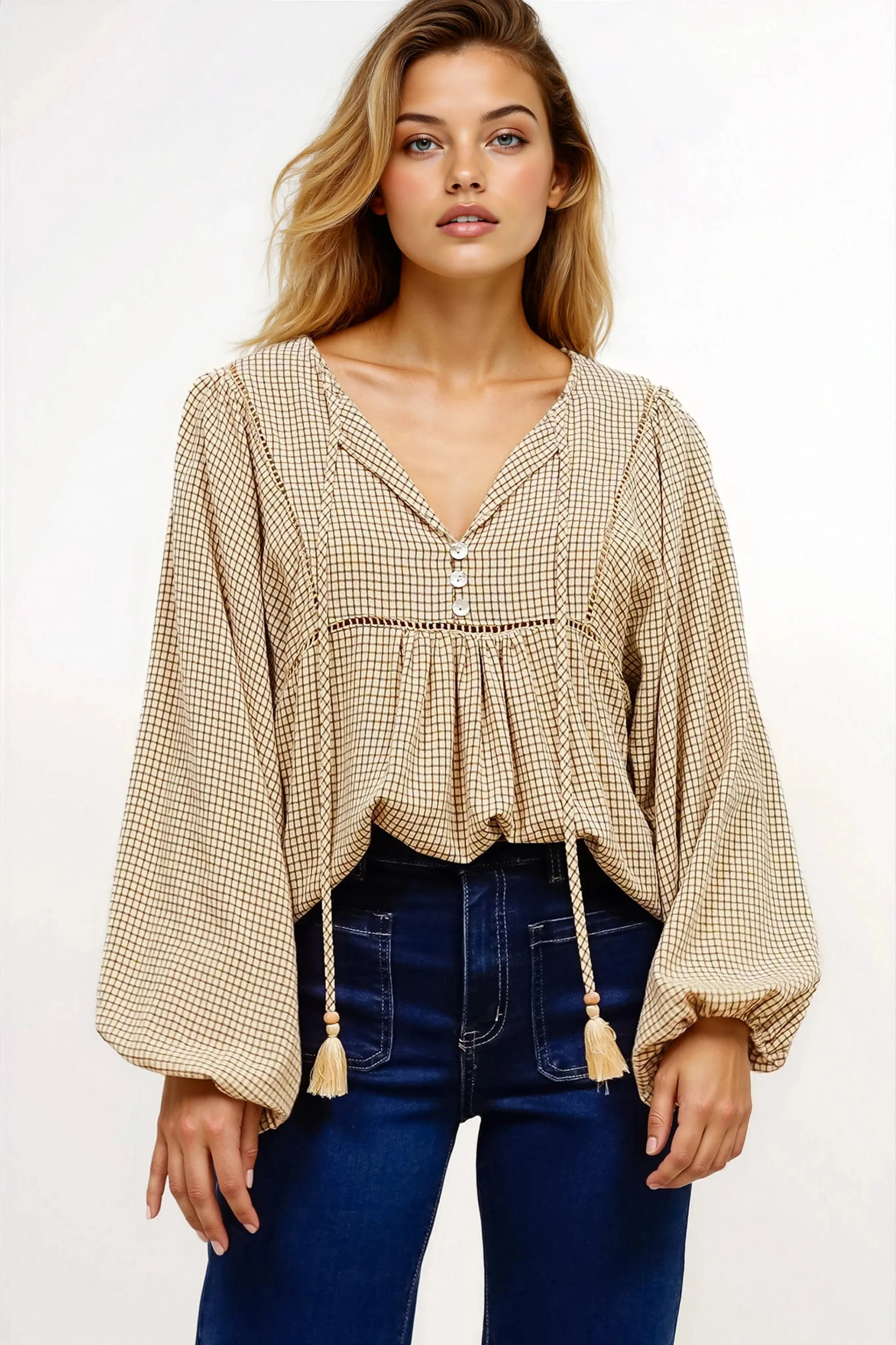 Graya Top - Gingham Ladder Lace Detailed Pull Over with Balloon Sleeves in Echo Print Beige sold by Salty Crush product image thumbnail 2