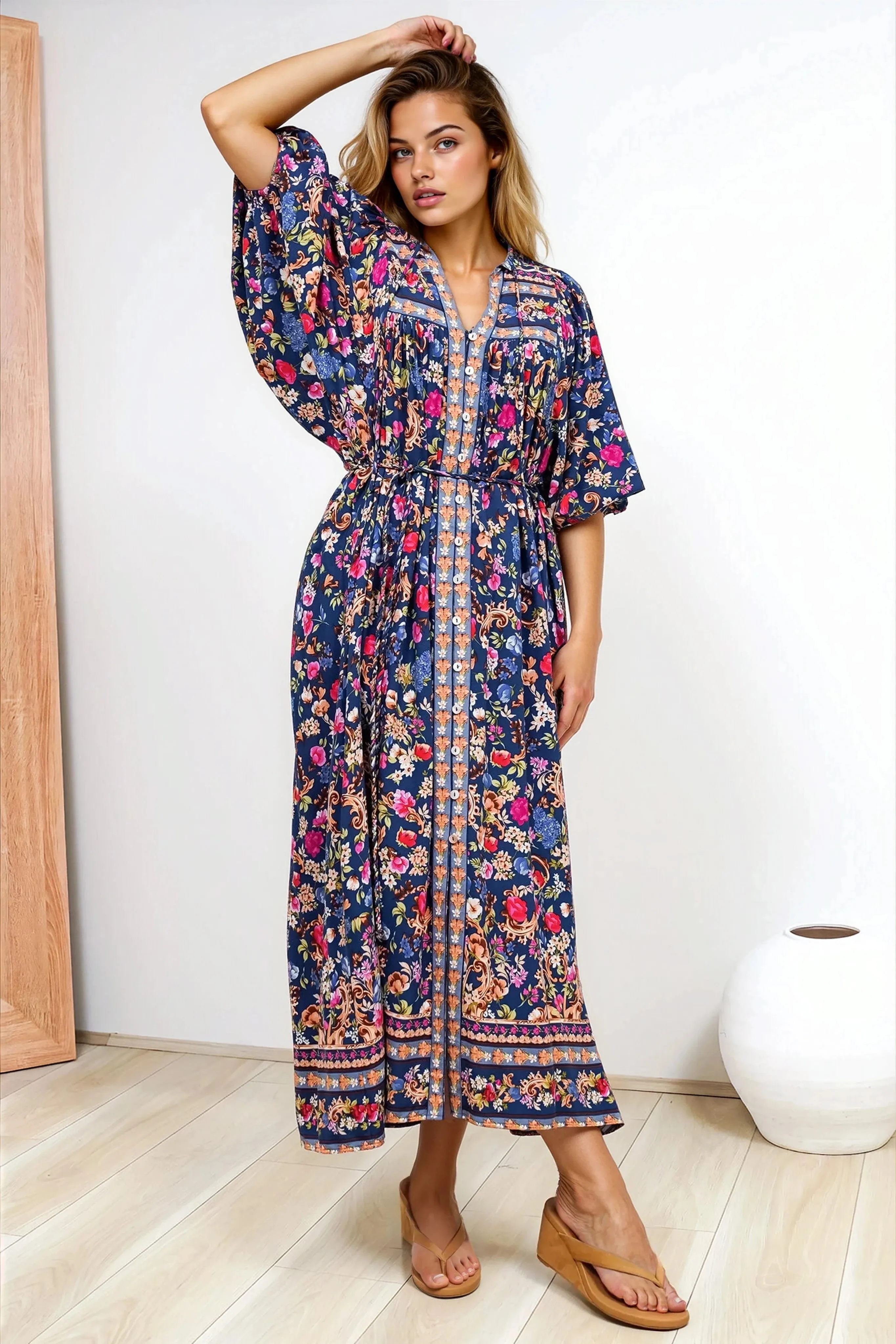 Jayla Midi Dress - Button Down Dress with Belt in Elyce Print sold by Salty Crush product image thumbnail 5