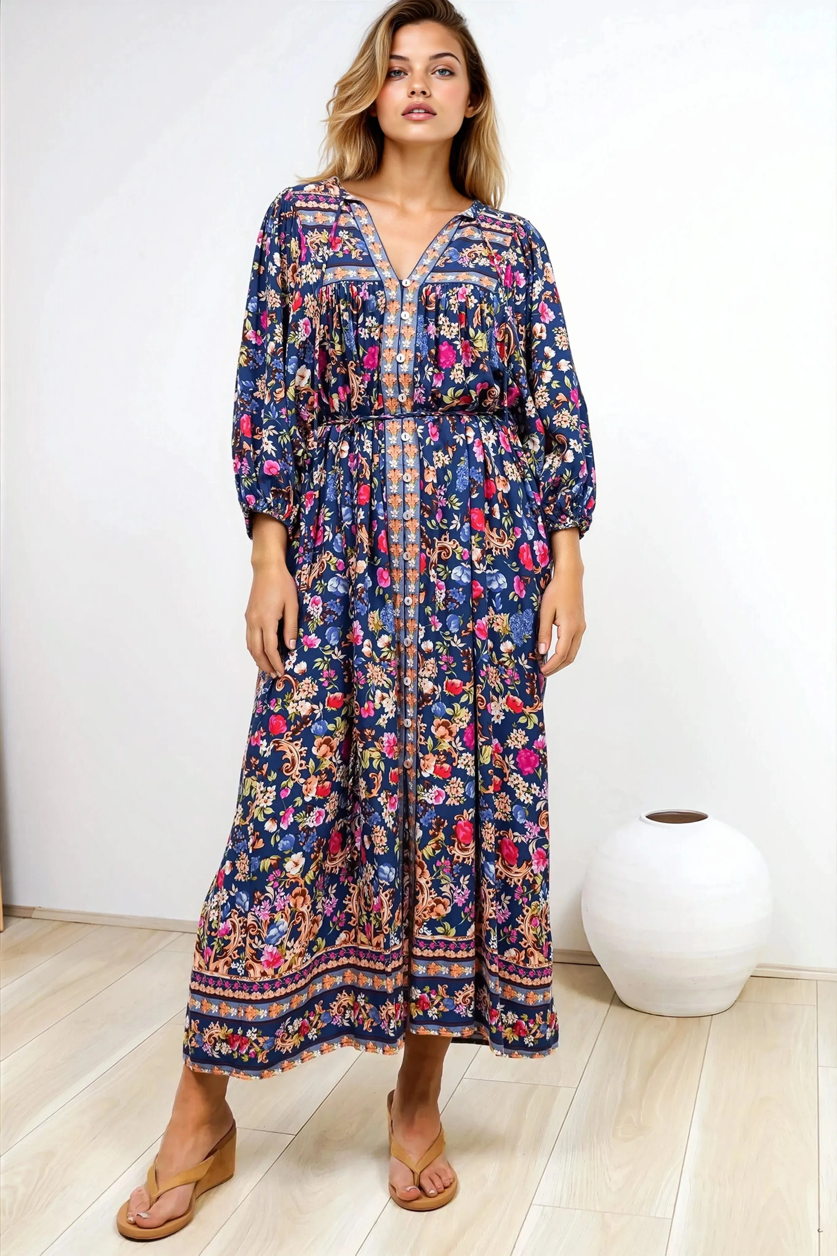 Jayla Midi Dress - Button Down Dress with Belt in Elyce Print sold by Salty Crush