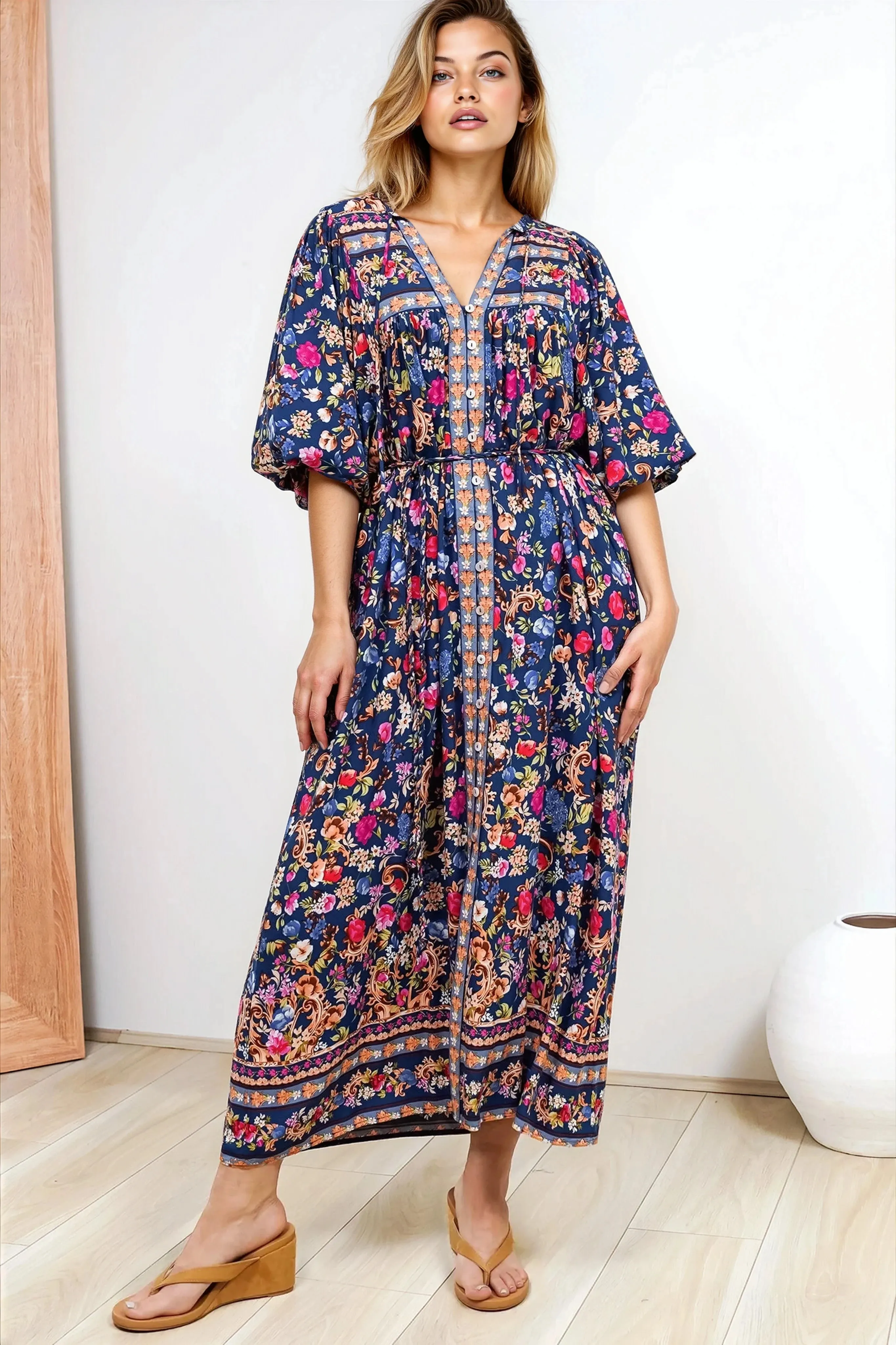 Jayla Midi Dress - Button Down Dress with Belt in Elyce Print sold by Salty Crush product image thumbnail 2