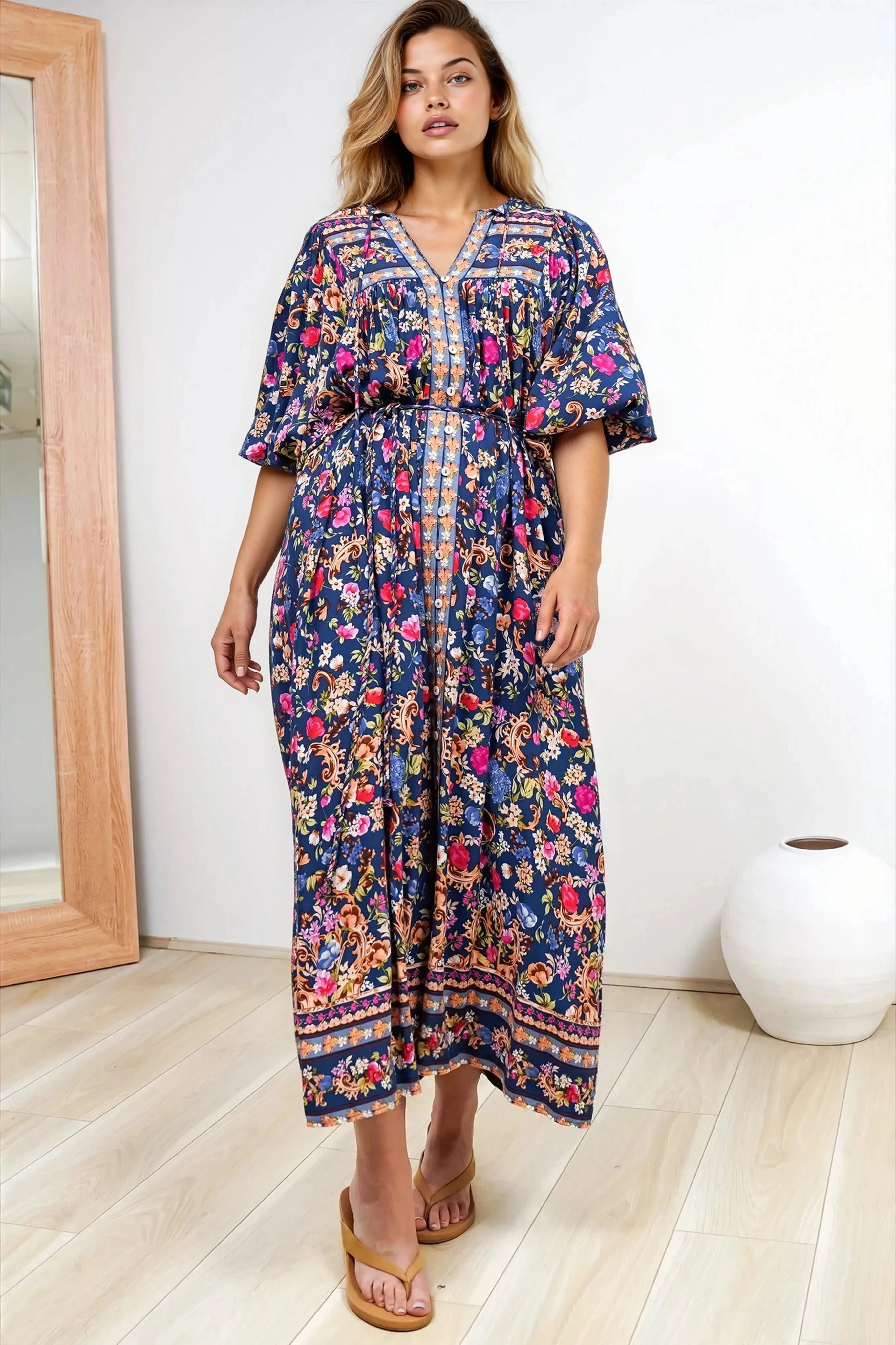 Jayla Midi Dress - Button Down Dress with Belt in Elyce Print sold by Salty Crush product image thumbnail 4