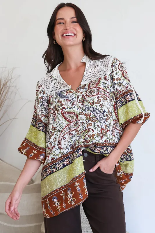 Florence Blouse - Lace Detailed Button Down Relaxed Blouse in Oakie Print made by Jaase