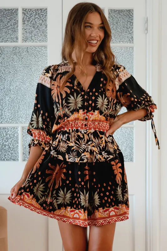 JAASE - Marice Mini Dress: Mandarin Collar V Neck Skater Dress in Jardin Print sold by Salty Crush