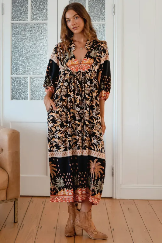 JAASE - Boheme Midi Dress: Piping Defined Bust Slimline Smock Dress in Jardin Print made by Jaase