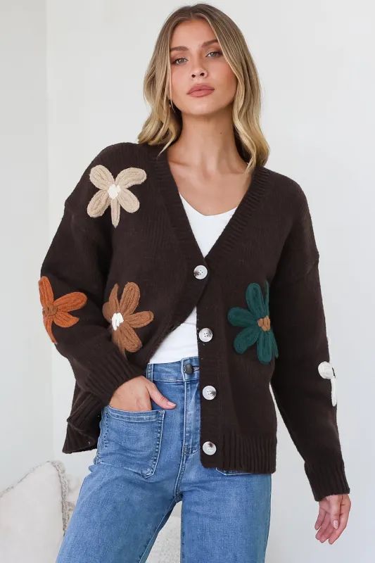 Daisy Belle Cardigan - Cropped Thick Knit Cardigan with Flower Decals in Chocolate Multi made by Salty Crush