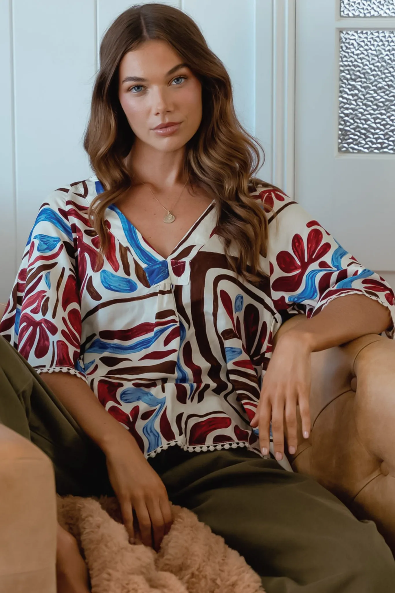 Gabriella Top - Mandarin Collar Deep V Neck Crochet Trim Top in Artisan Print sold by Salty Crush product image thumbnail 2