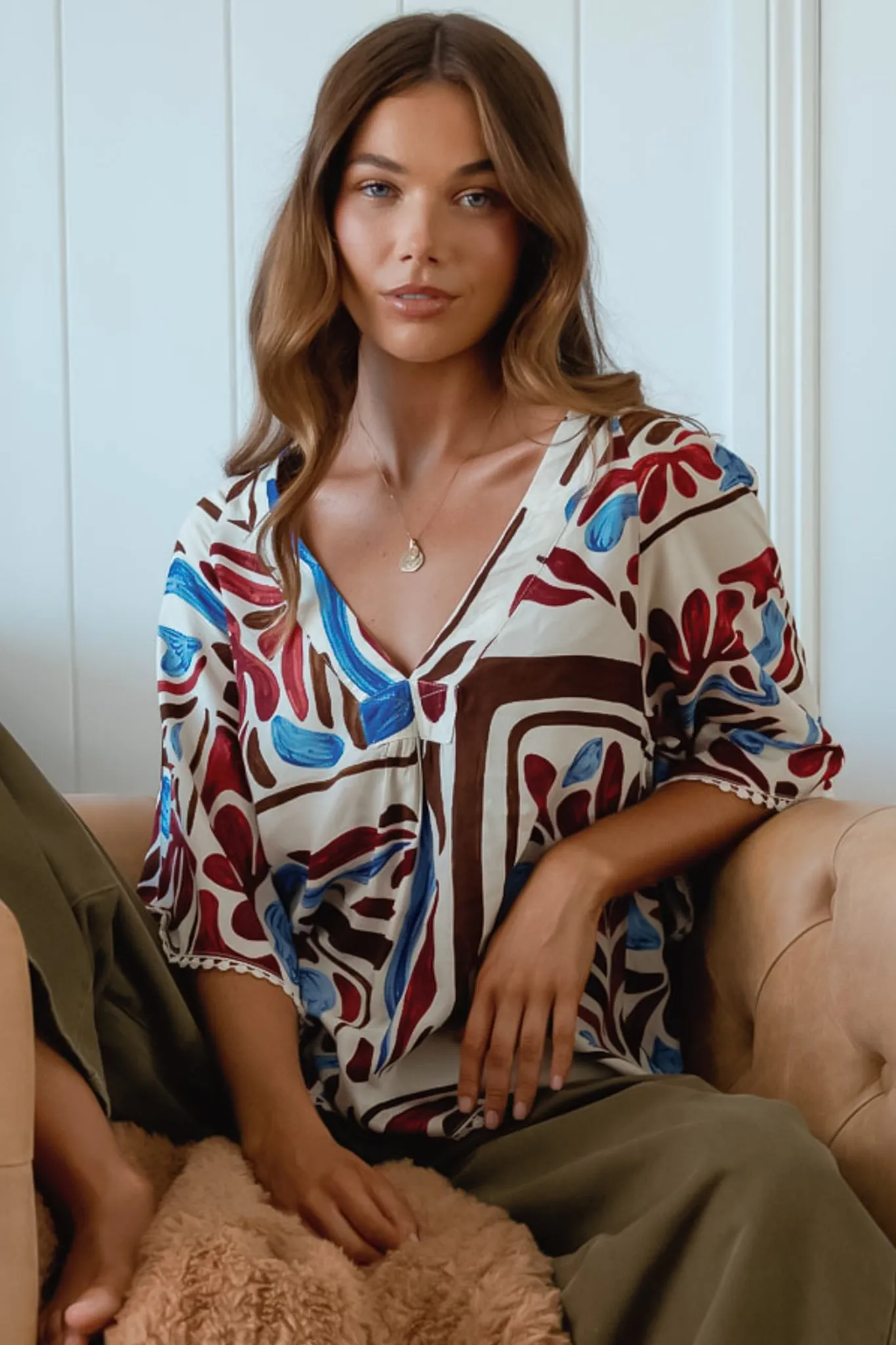 Gabriella Top - Mandarin Collar Deep V Neck Crochet Trim Top in Artisan Print sold by Salty Crush product image thumbnail 5