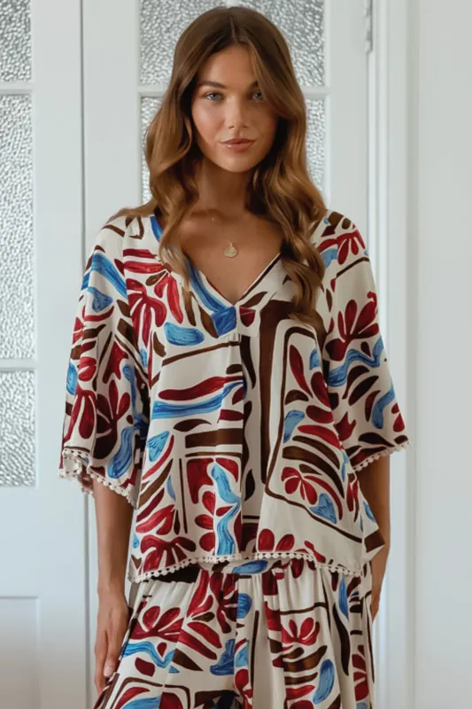 Gabriella Top - Mandarin Collar Deep V Neck Crochet Trim Top in Artisan Print made by Jaase