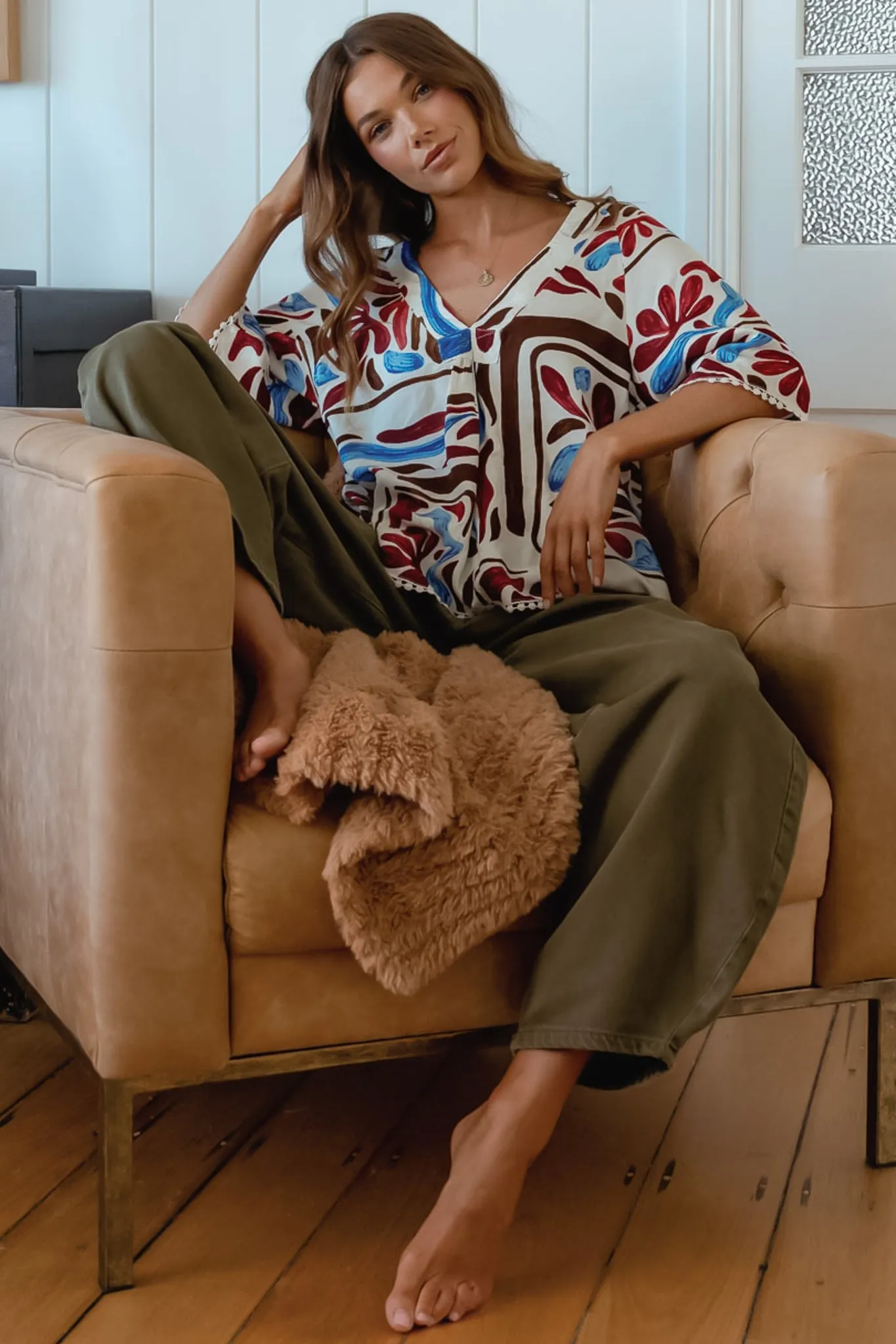 Gabriella Top - Mandarin Collar Deep V Neck Crochet Trim Top in Artisan Print sold by Salty Crush product image thumbnail 3