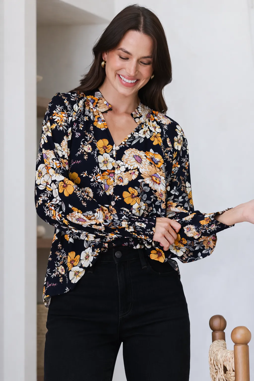 Adora Top - Mandarin Collar Button-Down with Long Balloon Sleeves in Autumn Print sold by Salty Crush product image thumbnail 5