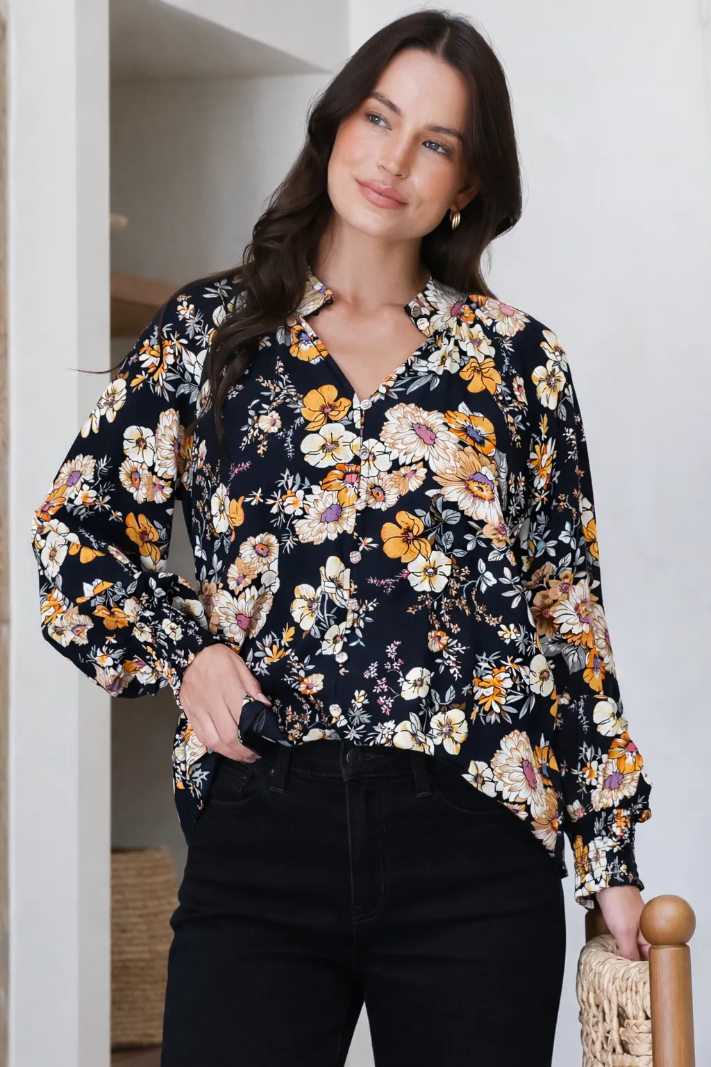 Adora Top - Mandarin Collar Button-Down with Long Balloon Sleeves in Autumn Print sold by Salty Crush product image thumbnail 4
