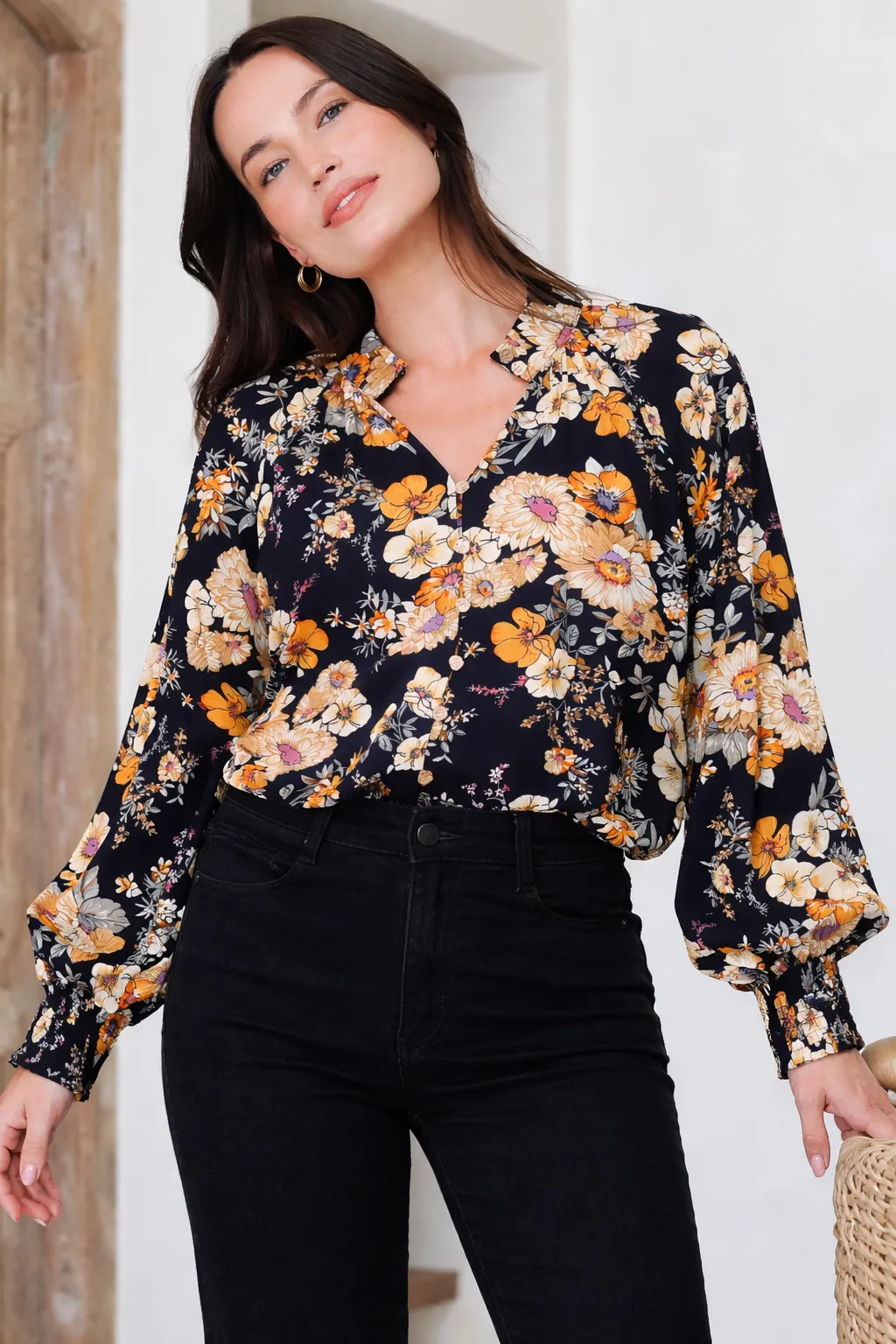 Adora Top - Mandarin Collar Button-Down with Long Balloon Sleeves in Autumn Print sold by Salty Crush product image thumbnail 2