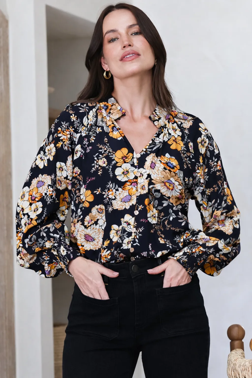 Adora Top - Mandarin Collar Button-Down with Long Balloon Sleeves in Autumn Print sold by Salty Crush product image thumbnail 3