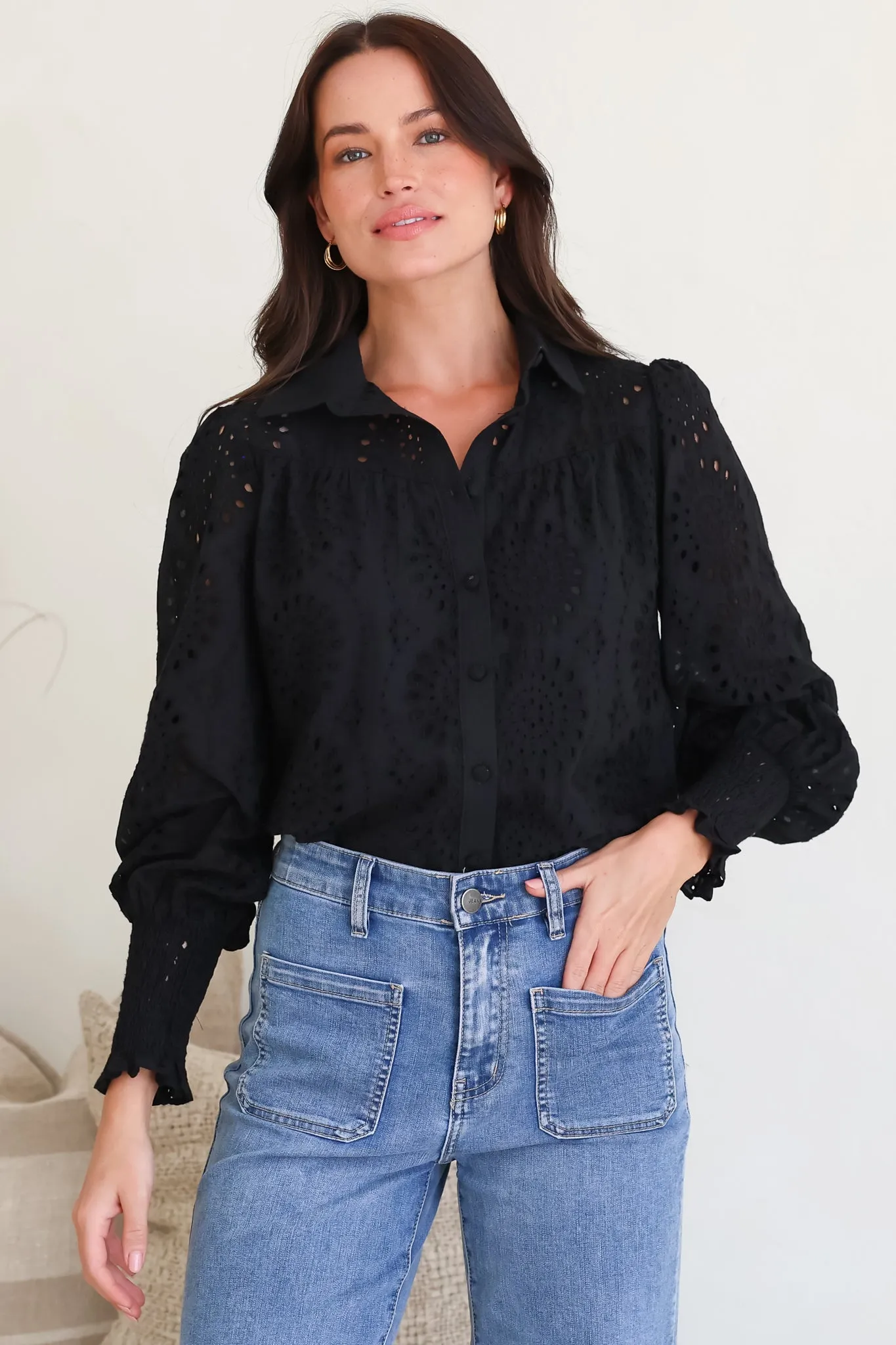Benton Blouse - Hollow Out Embroidered Button Down Shirt in Black sold by Salty Crush product image thumbnail 4