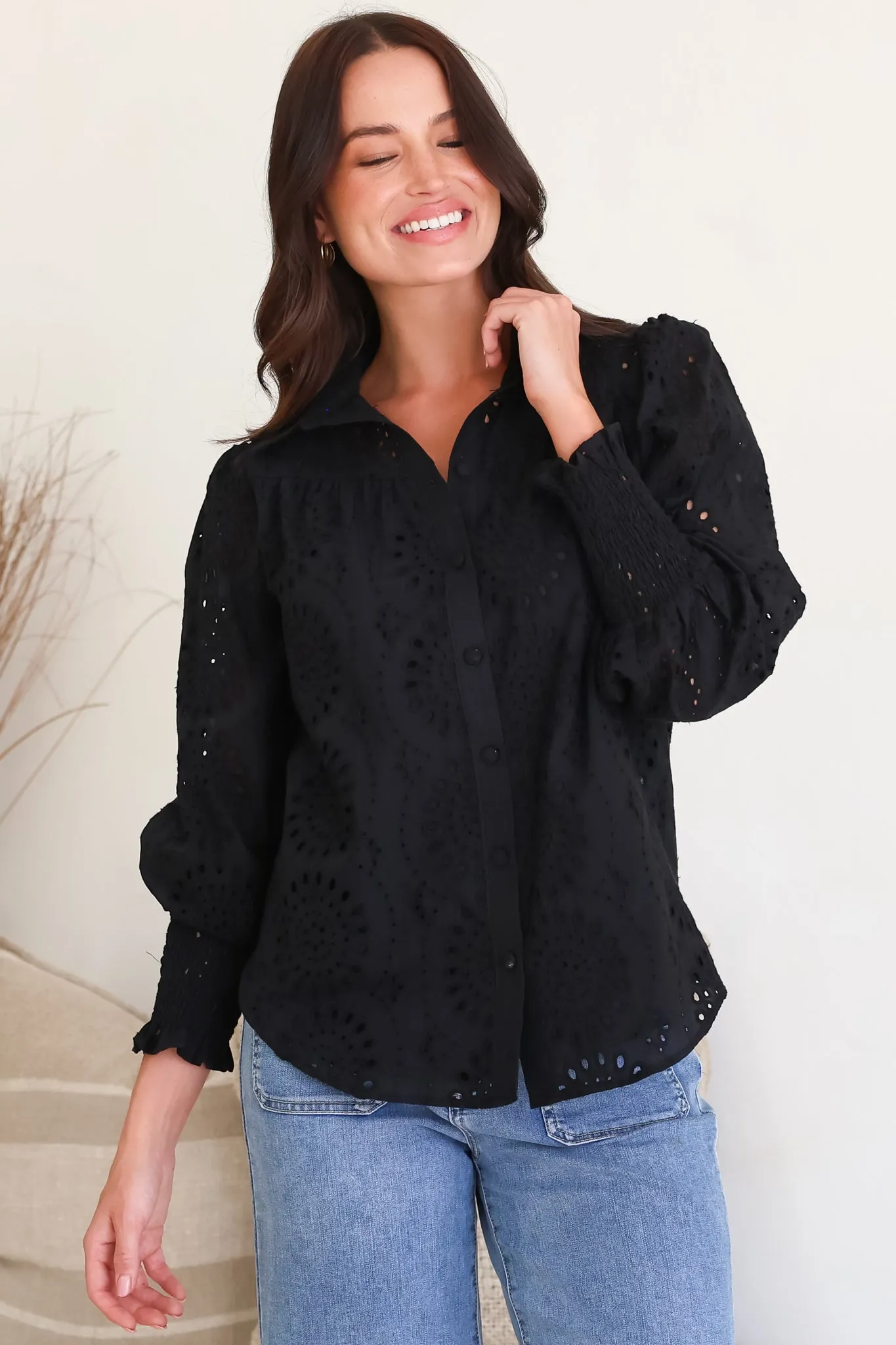 Benton Blouse - Hollow Out Embroidered Button Down Shirt in Black sold by Salty Crush product image thumbnail 2