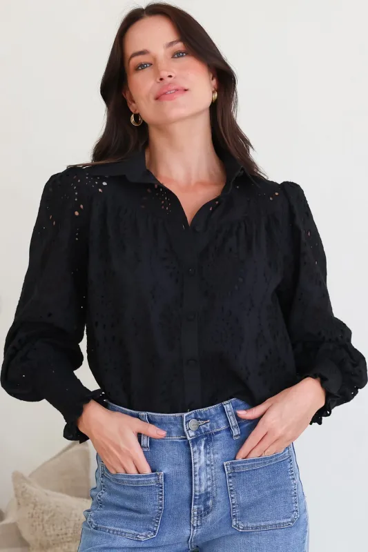 Benton Blouse - Hollow Out Embroidered Button Down Shirt in Black made by Salty Crush