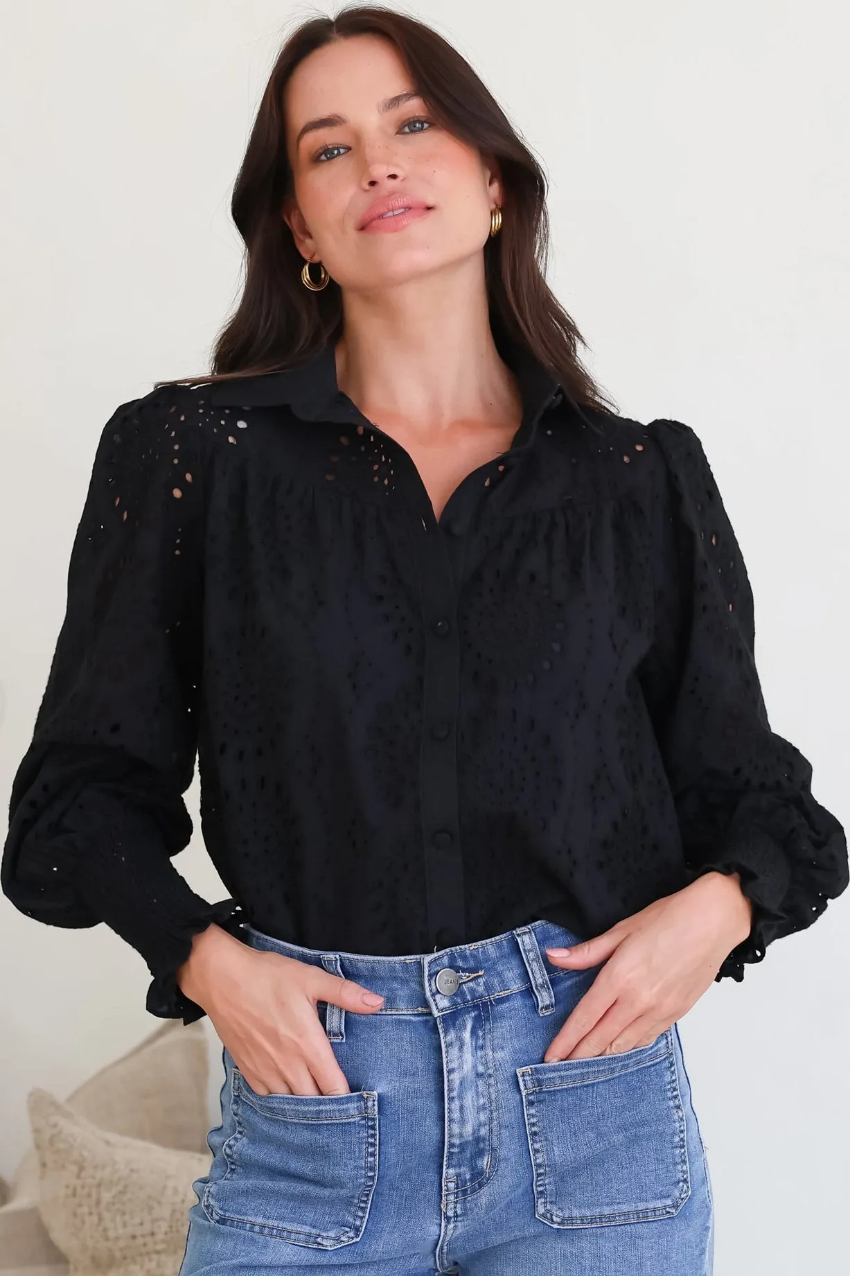 Benton Blouse - Hollow Out Embroidered Button Down Shirt in Black sold by Salty Crush
