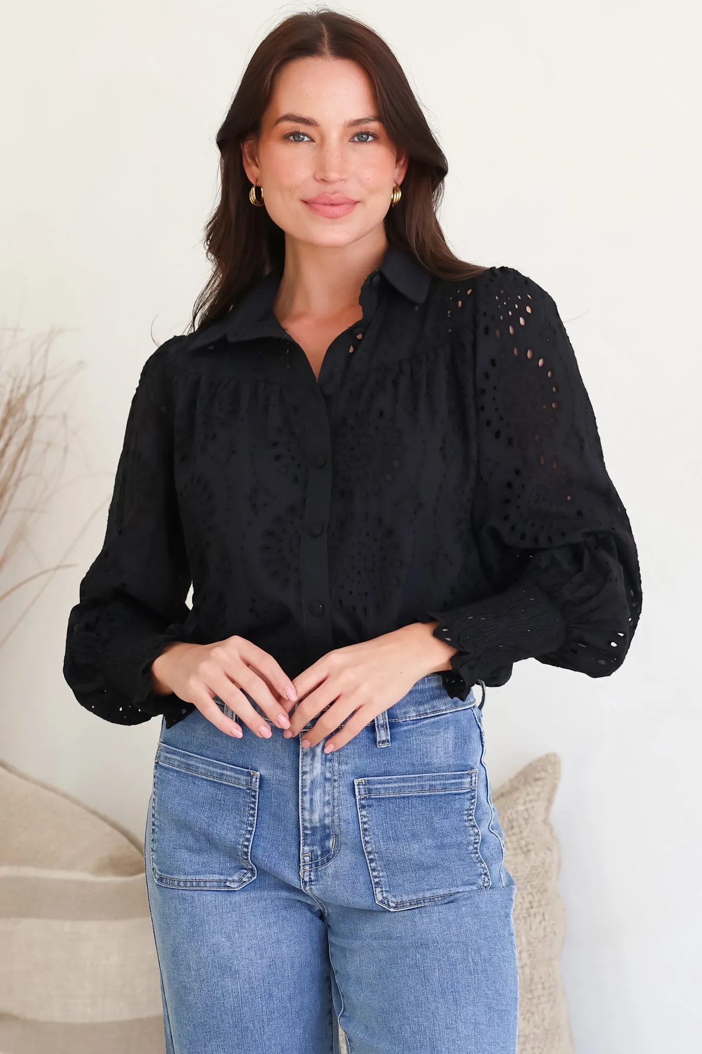 Benton Blouse - Hollow Out Embroidered Button Down Shirt in Black sold by Salty Crush product image thumbnail 3