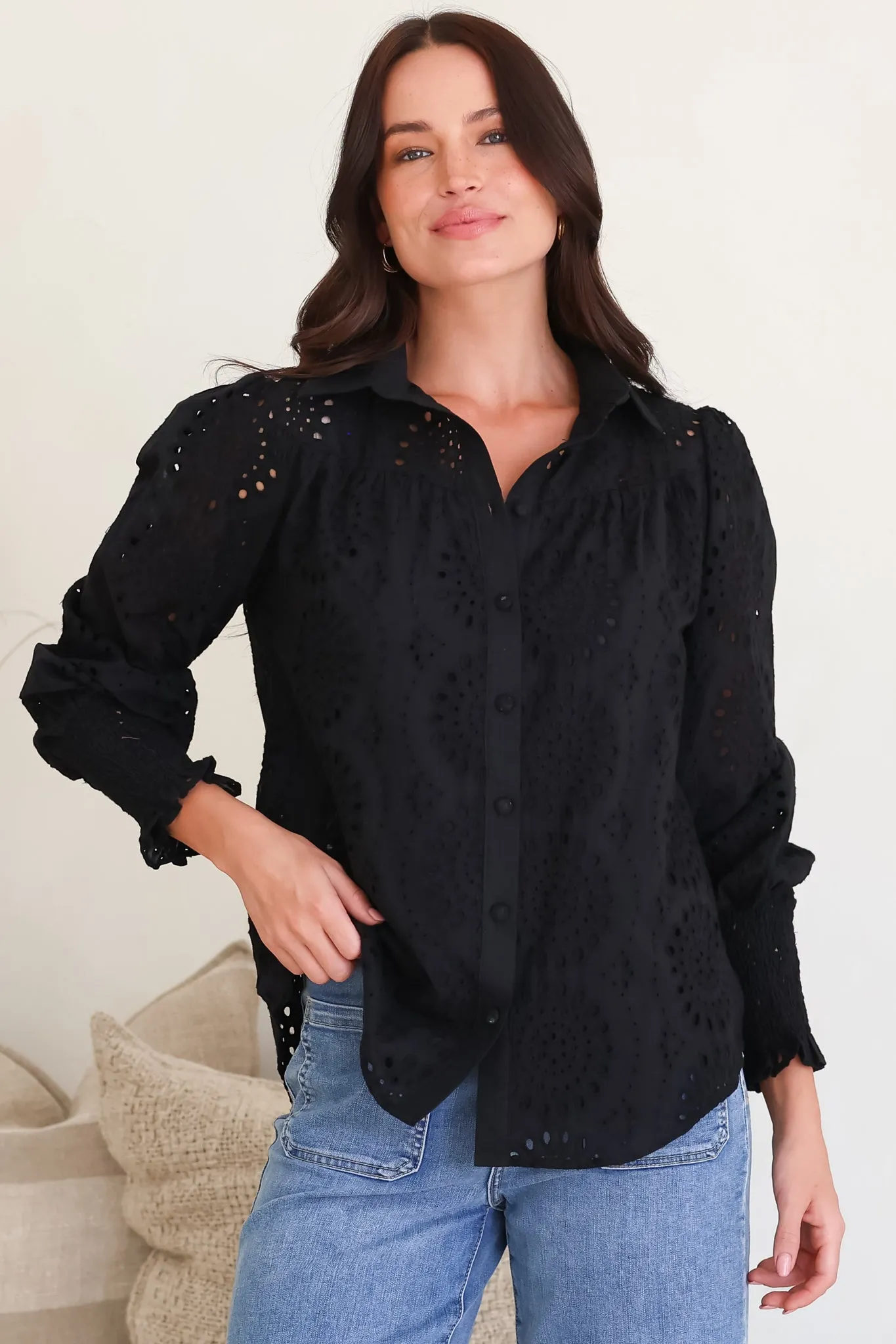 Benton Blouse - Hollow Out Embroidered Button Down Shirt in Black sold by Salty Crush product image thumbnail 5