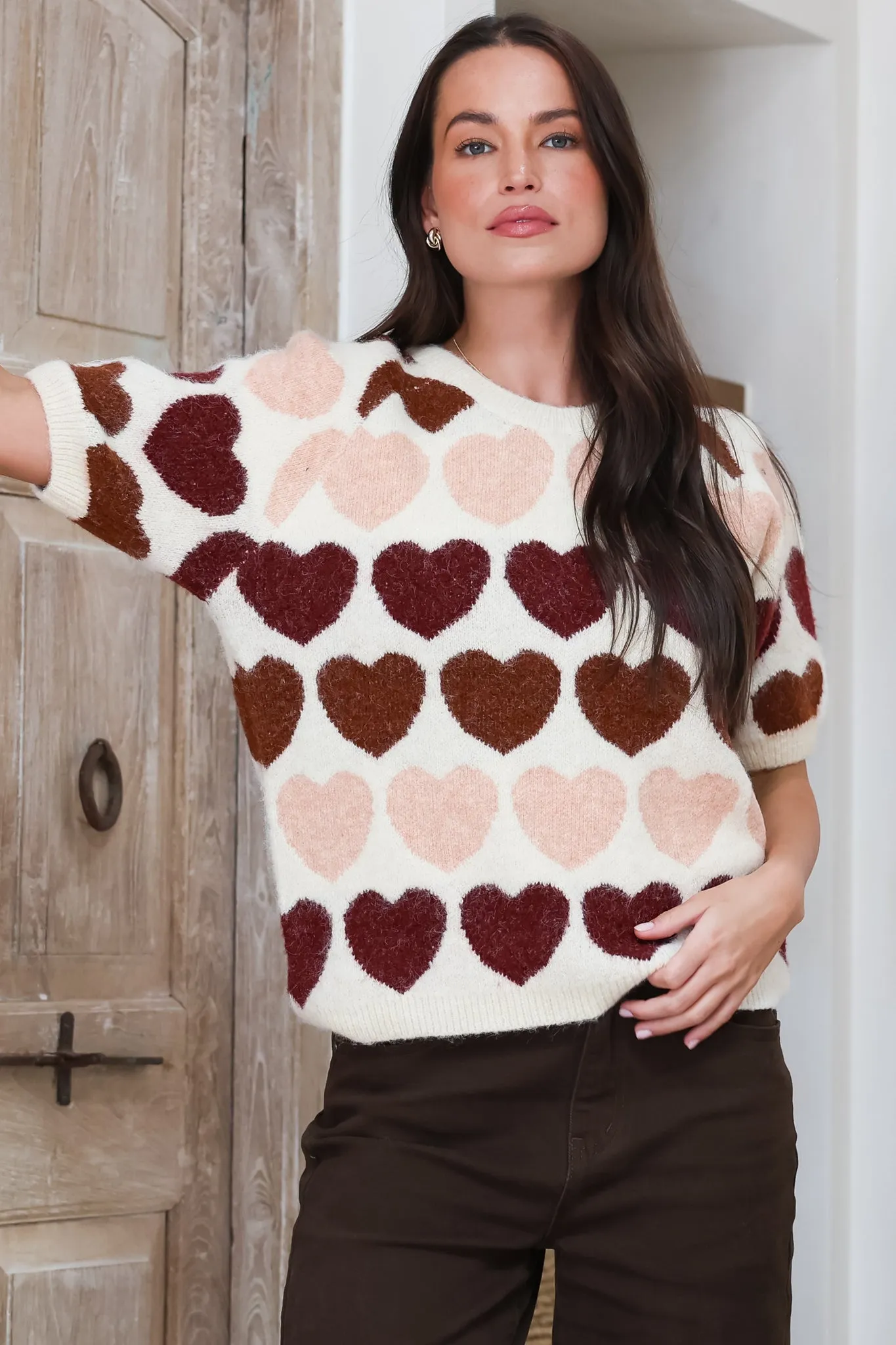 Filippa Knit Top - Crew Neck Short Sleeve Woven Heart Print Knit in Wine sold by Salty Crush product image thumbnail 4