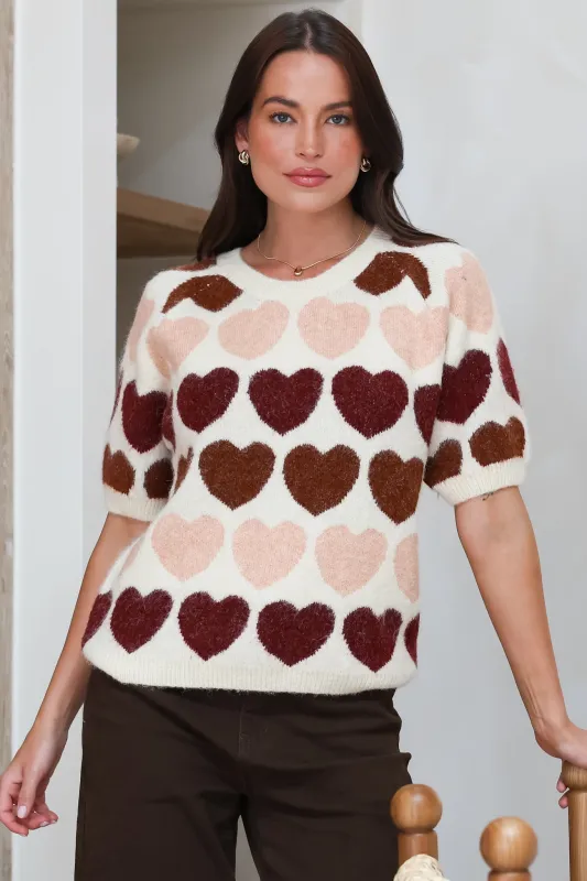 Filippa Knit Top - Crew Neck Short Sleeve Woven Heart Print Knit in Wine made by Salty Crush