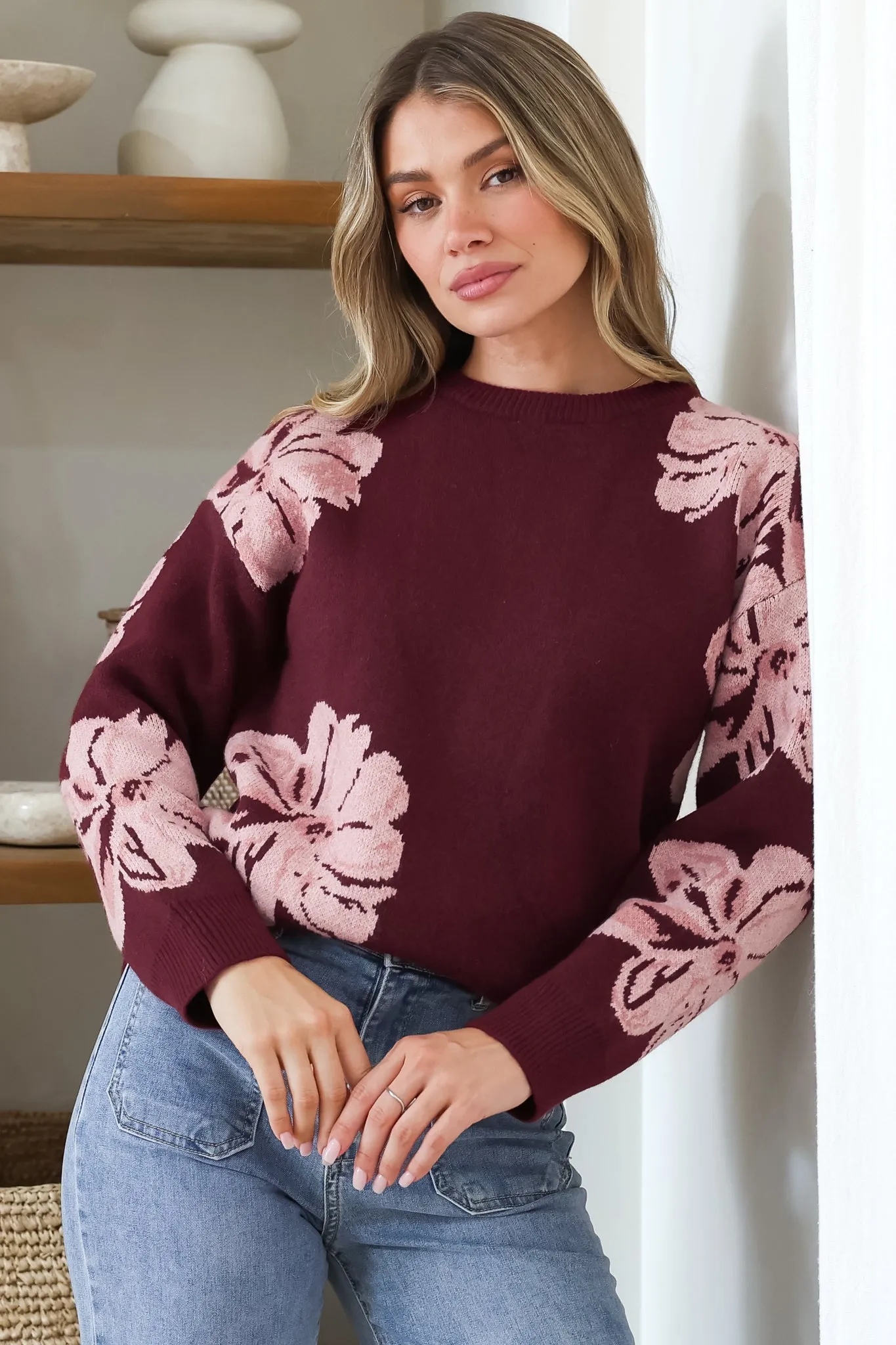 Breezy Jumper - Crew Neck Long Sleeve Floral Knit with Ribbed Hemlines in Wine sold by Salty Crush product image thumbnail 4