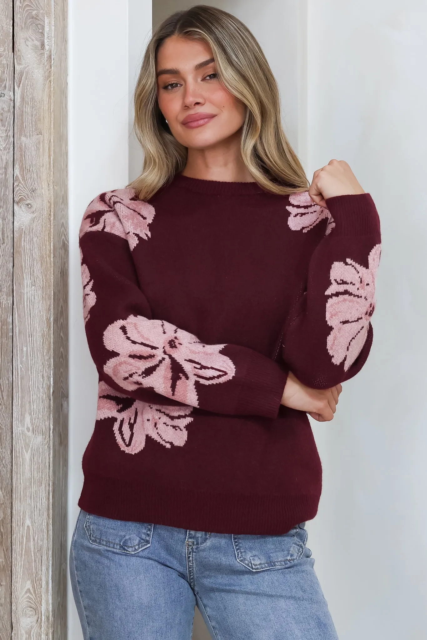 Breezy Jumper - Crew Neck Long Sleeve Floral Knit with Ribbed Hemlines in Wine sold by Salty Crush product image thumbnail 5