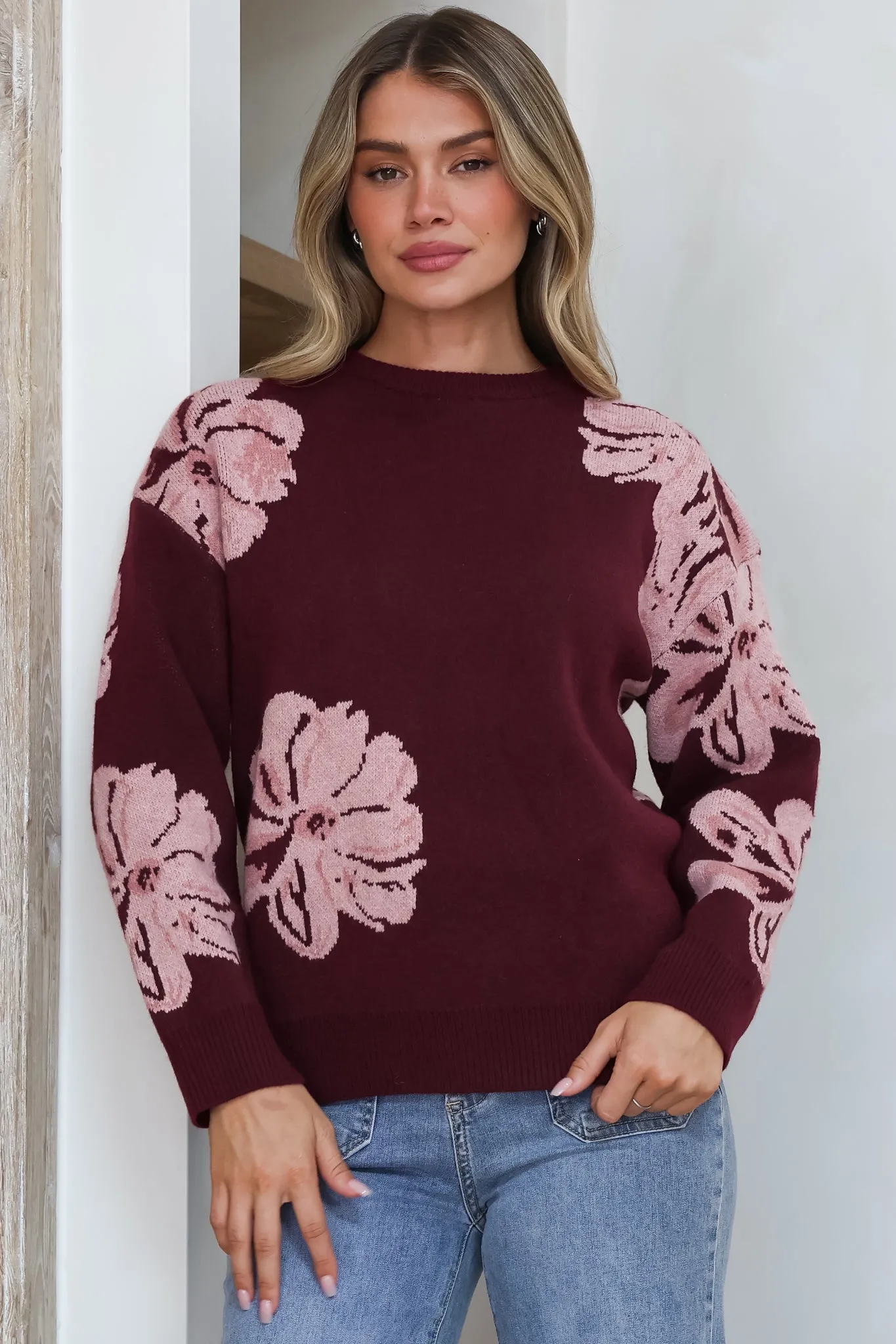 Breezy Jumper - Crew Neck Long Sleeve Floral Knit with Ribbed Hemlines in Wine sold by Salty Crush product image thumbnail 3