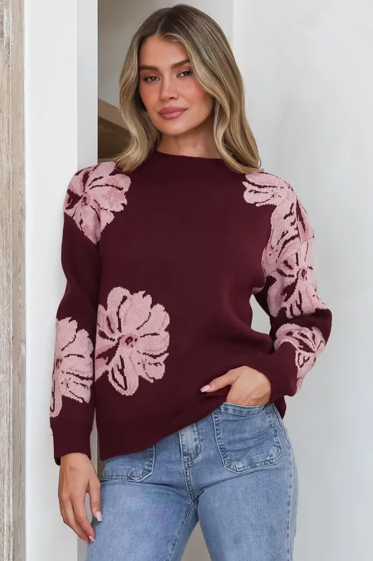 Breezy Jumper - Crew Neck Long Sleeve Floral Knit with Ribbed Hemlines in Wine made by Salty Crush
